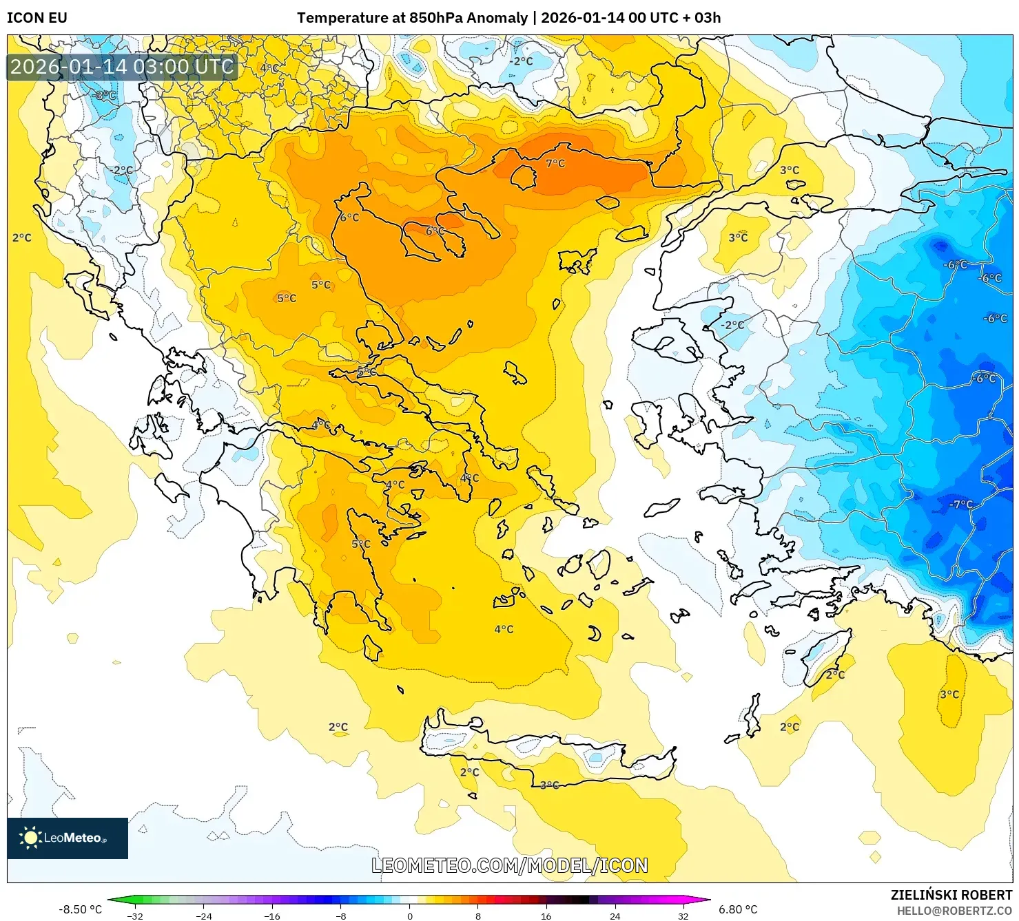 ICON model - Greece, Temperature at 850hPa Anomaly