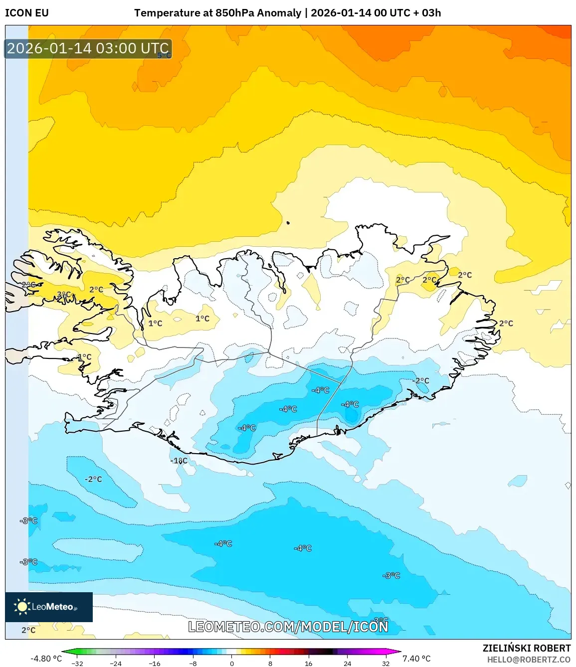 ICON model - Iceland, Temperature at 850hPa Anomaly