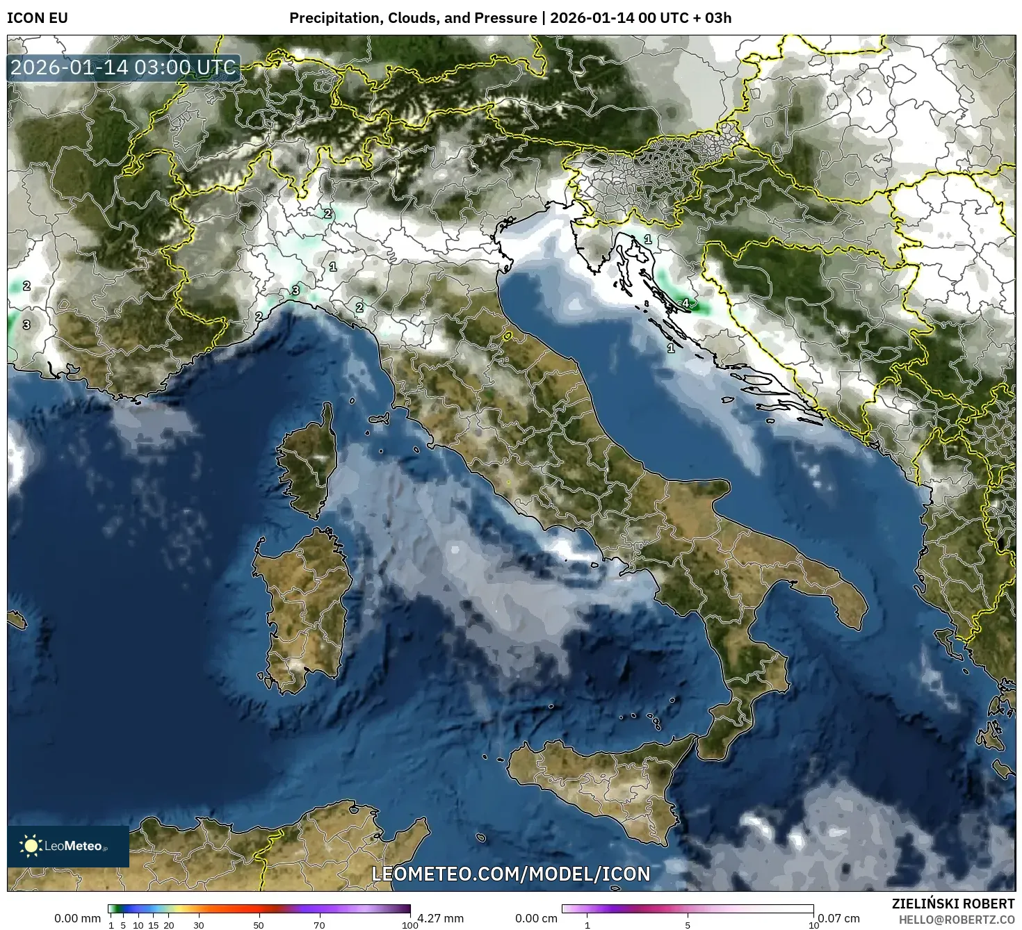 ICON model - Italy, Precipitation, Clouds, and Pressure