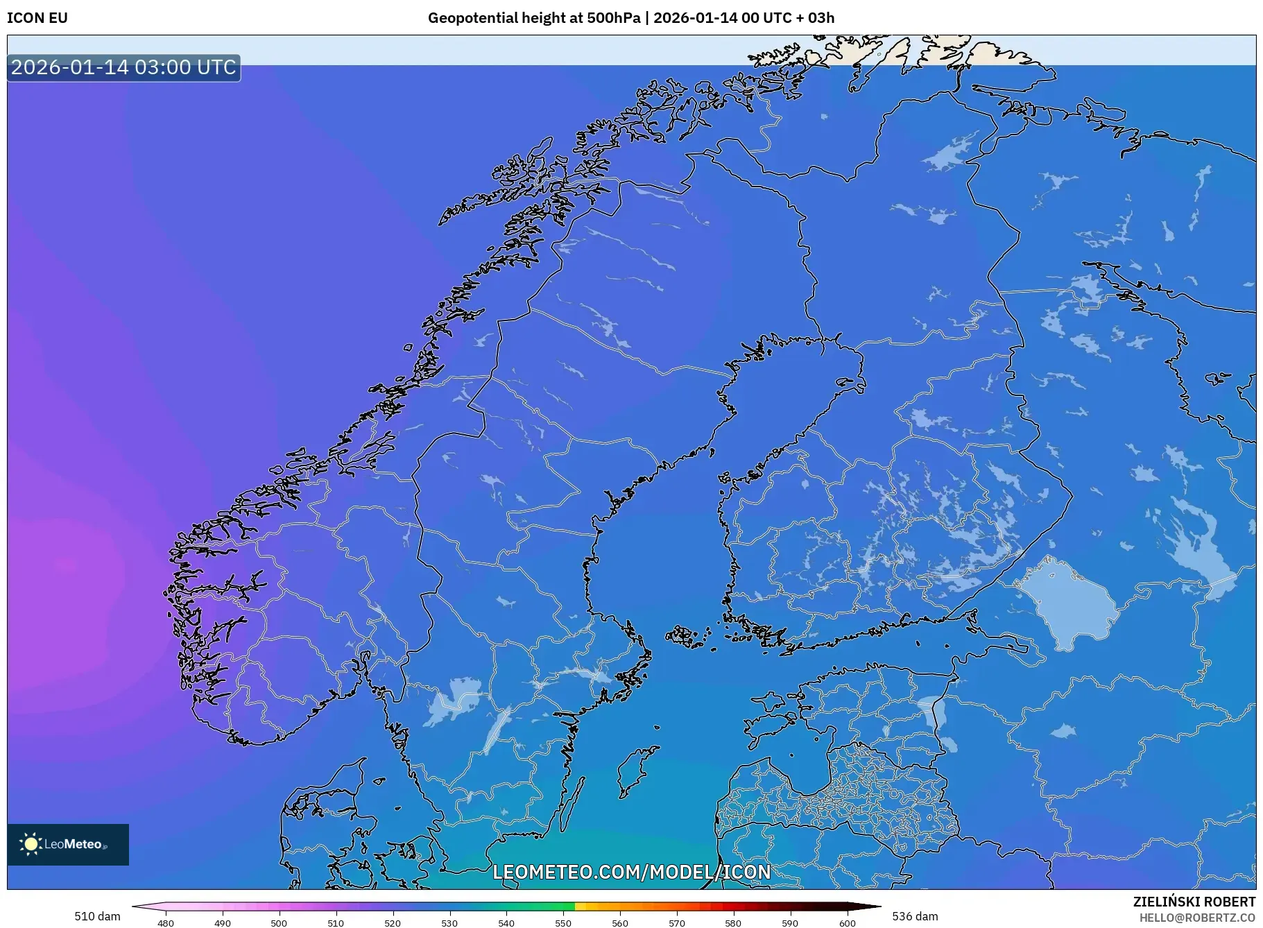 ICON model - Scandinavia, Geopotential height at 500hPa