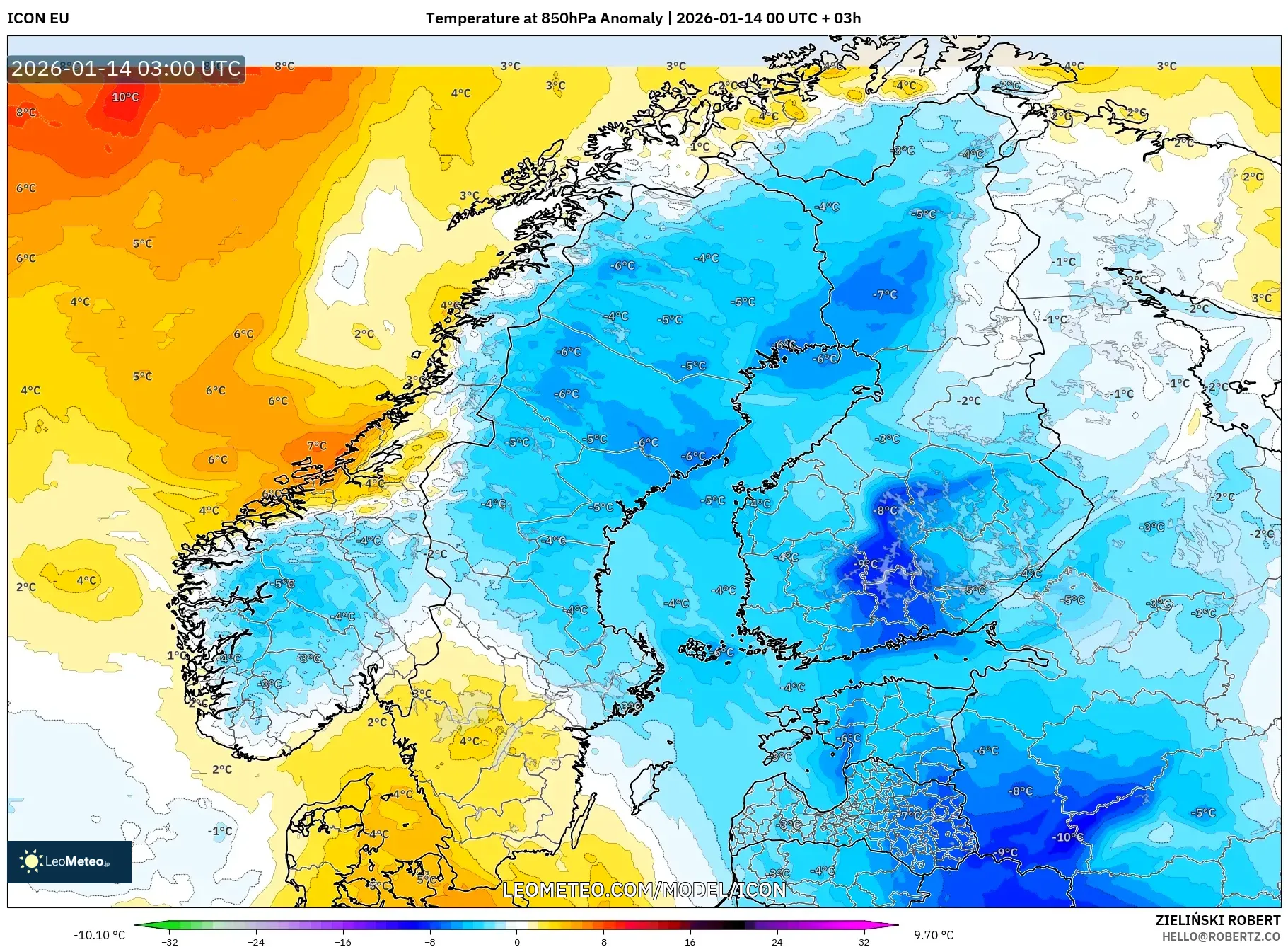 ICON model - Scandinavia, Temperature at 850hPa Anomaly