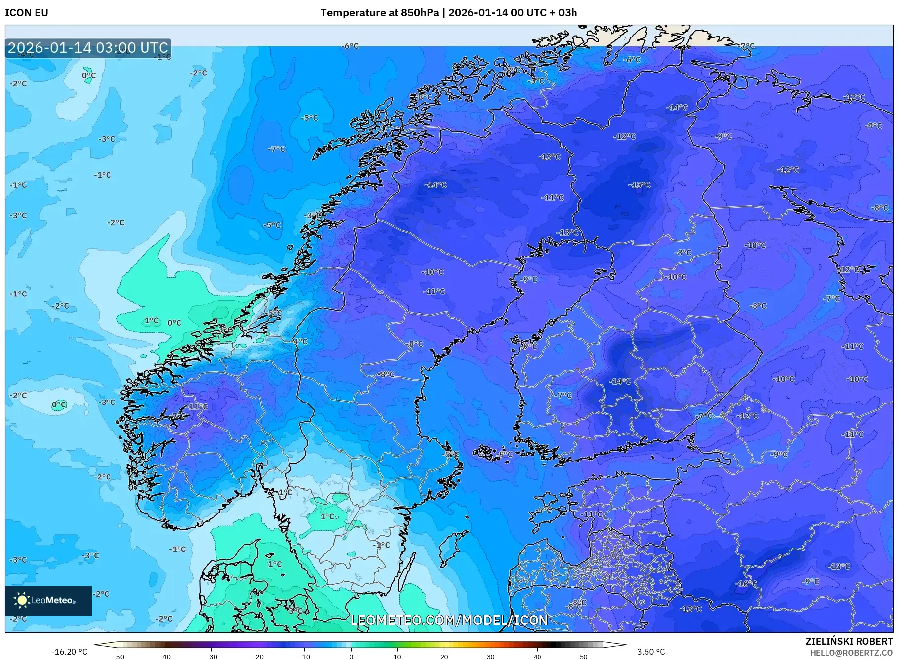 ICON model - Scandinavia, Temperature at 850hPa