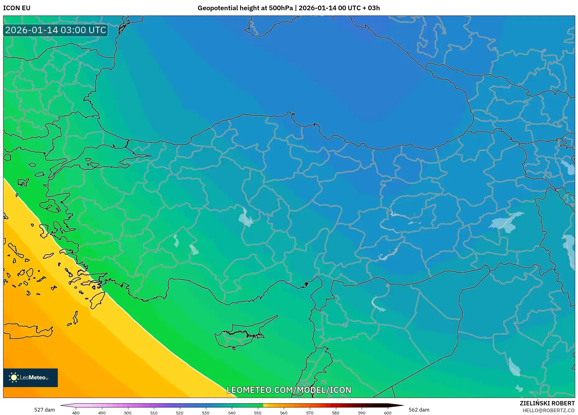 ICON model - Turkey, Geopotential height at 500hPa