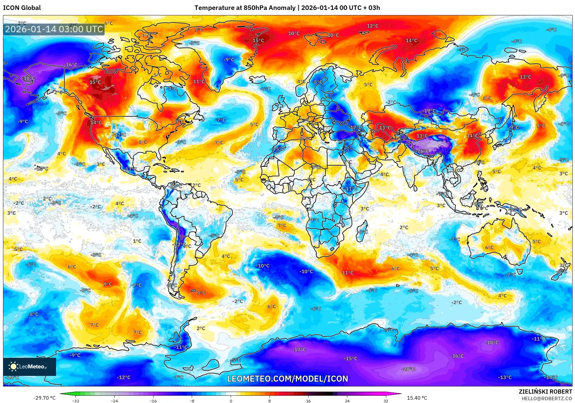 ICON model - World, Temperature at 850hPa Anomaly