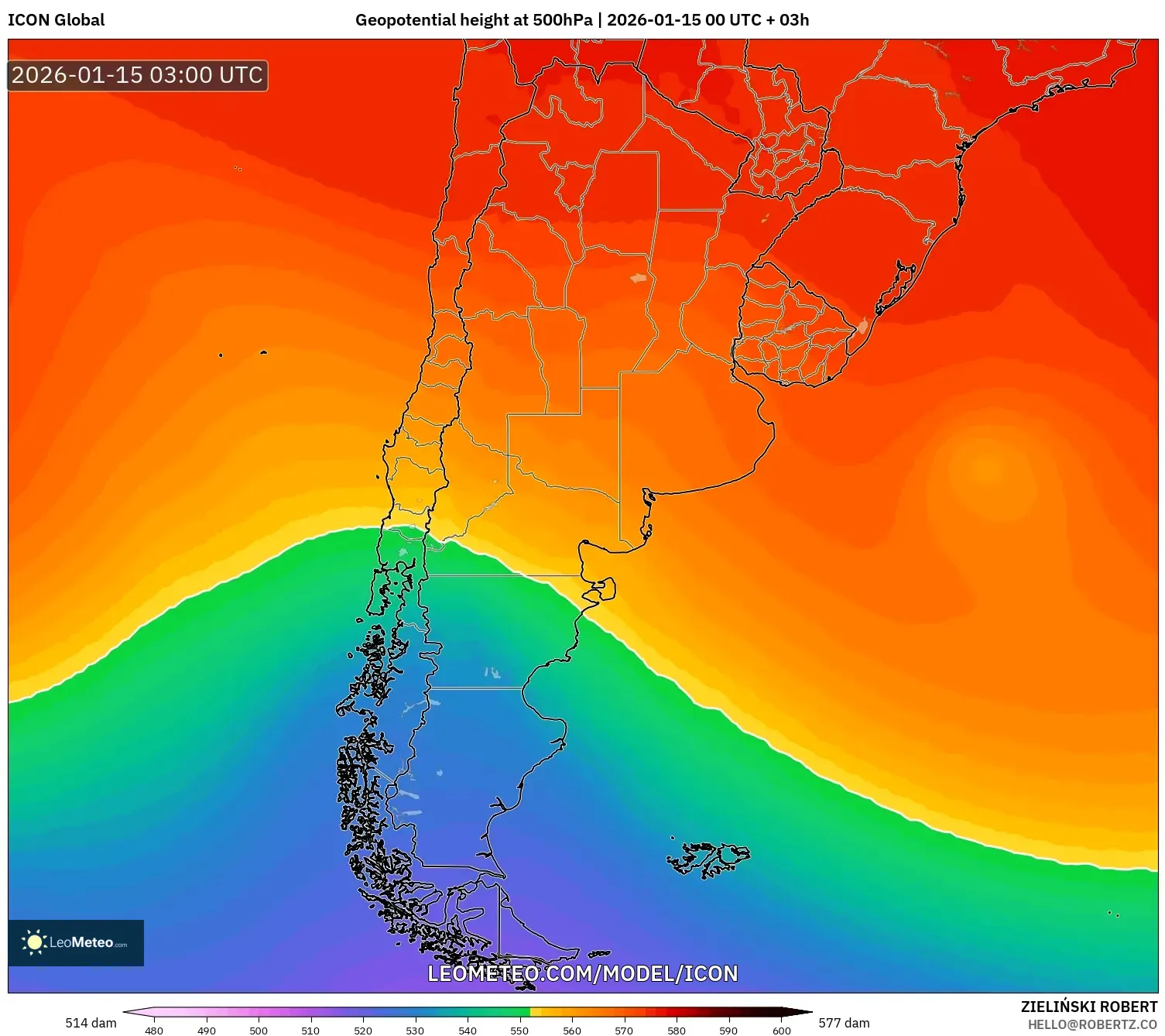 ICON model - Argentina, Geopotential height at 500hPa