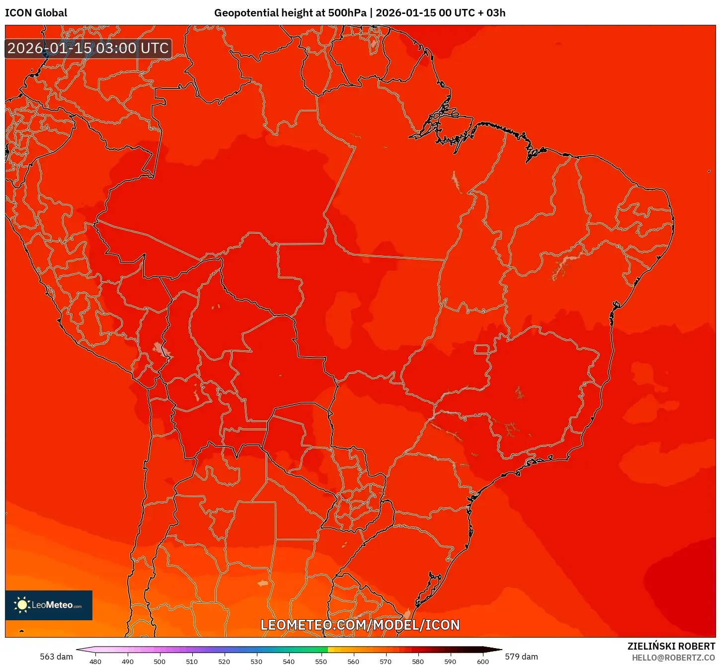 ICON model - Brazil, Geopotential height at 500hPa