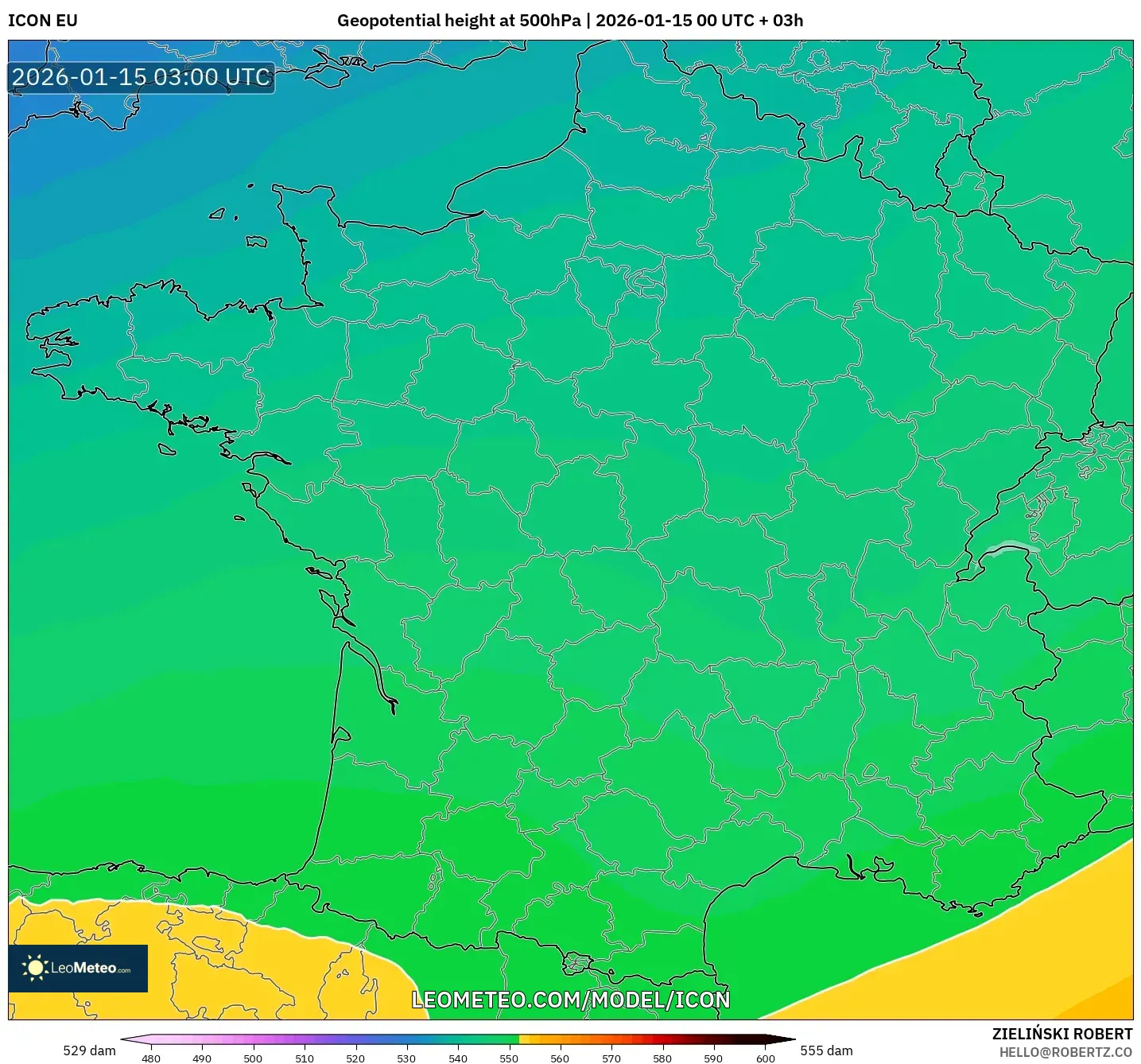ICON model - France, Geopotential height at 500hPa