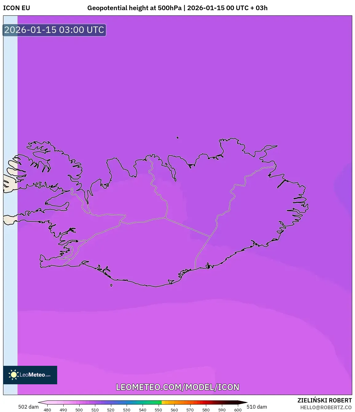 ICON model - Iceland, Geopotential height at 500hPa
