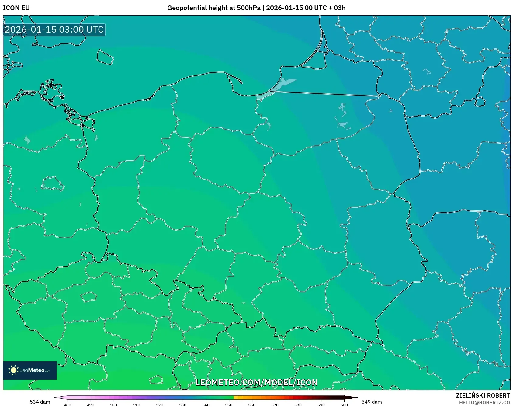 ICON model - Poland, Geopotential height at 500hPa