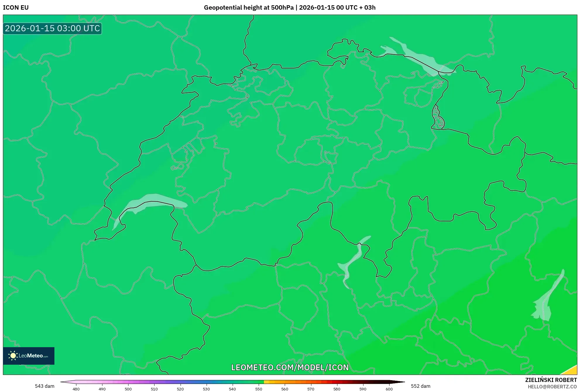 ICON model - Switzerland, Geopotential height at 500hPa