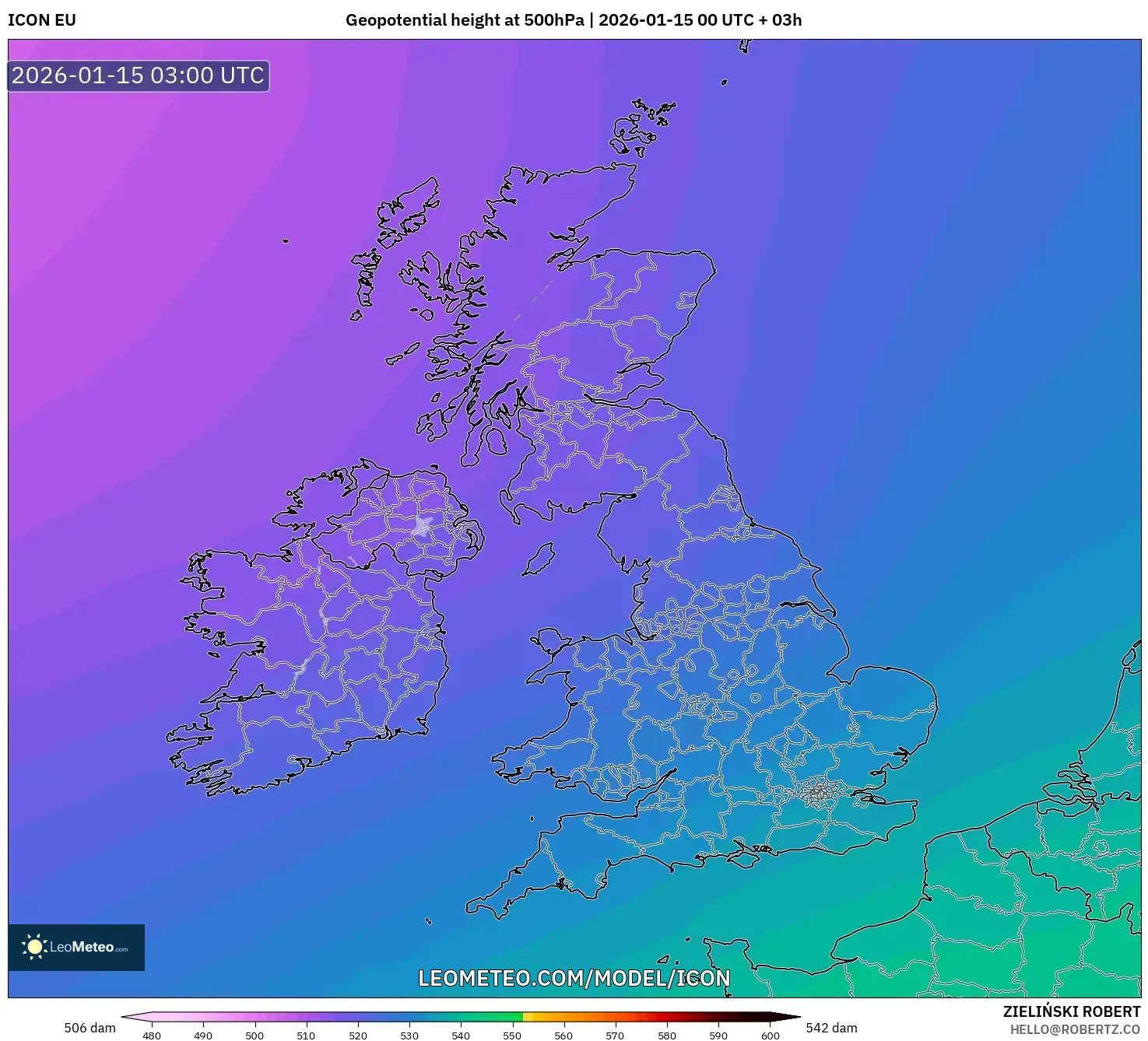 ICON model - United Kingdom, Geopotential height at 500hPa