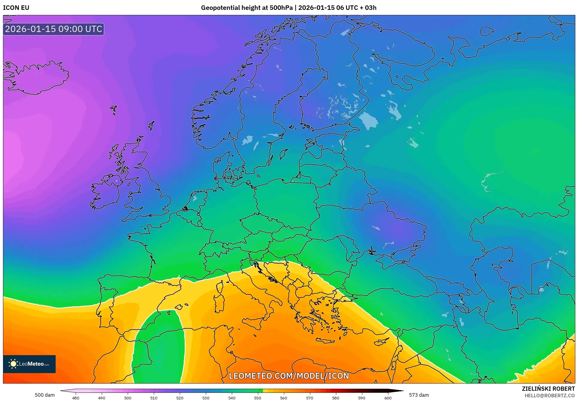 ICON model - Europe, Geopotential height at 500hPa