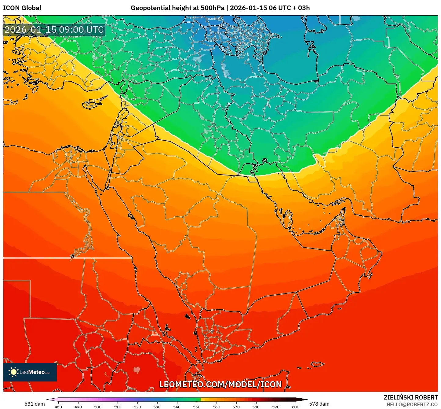 ICON model - Middle East, Geopotential height at 500hPa