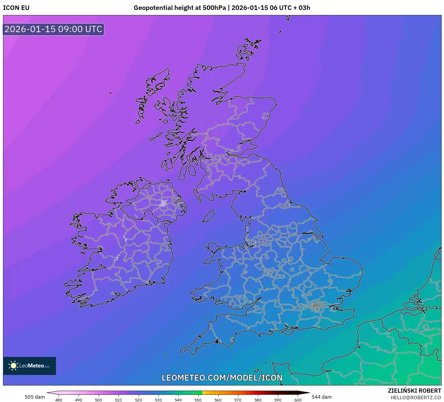 ICON model - United Kingdom, Geopotential height at 500hPa