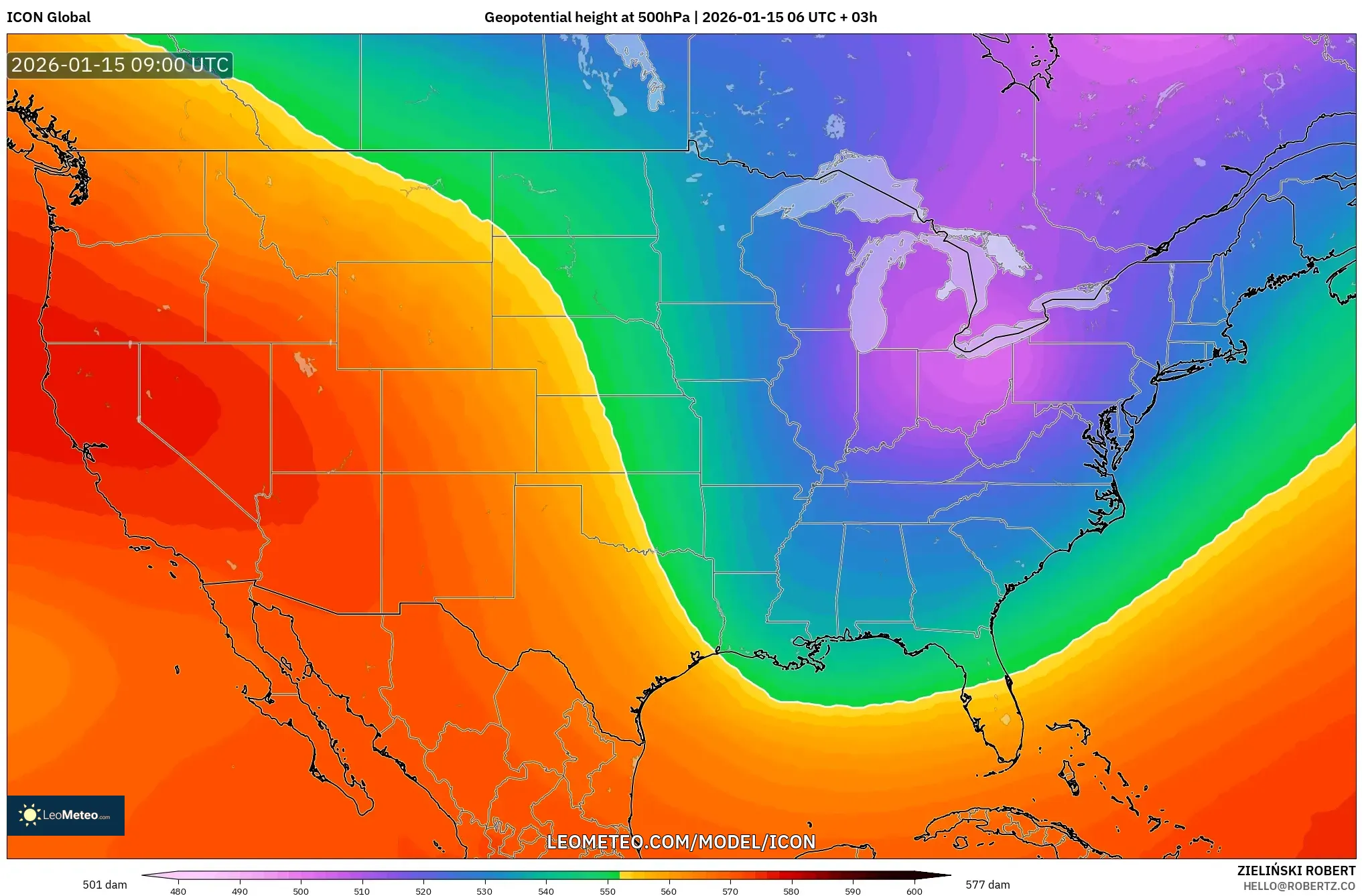 ICON model - United States, Geopotential height at 500hPa
