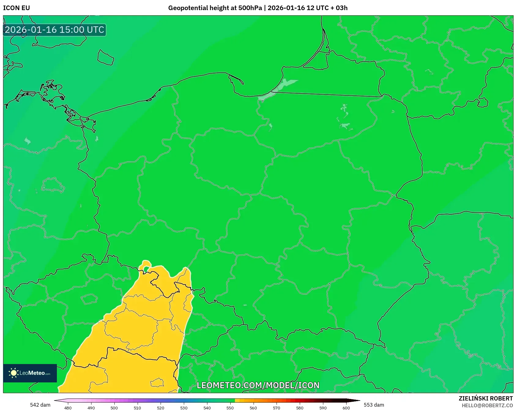 ICON model - Poland, Geopotential height at 500hPa