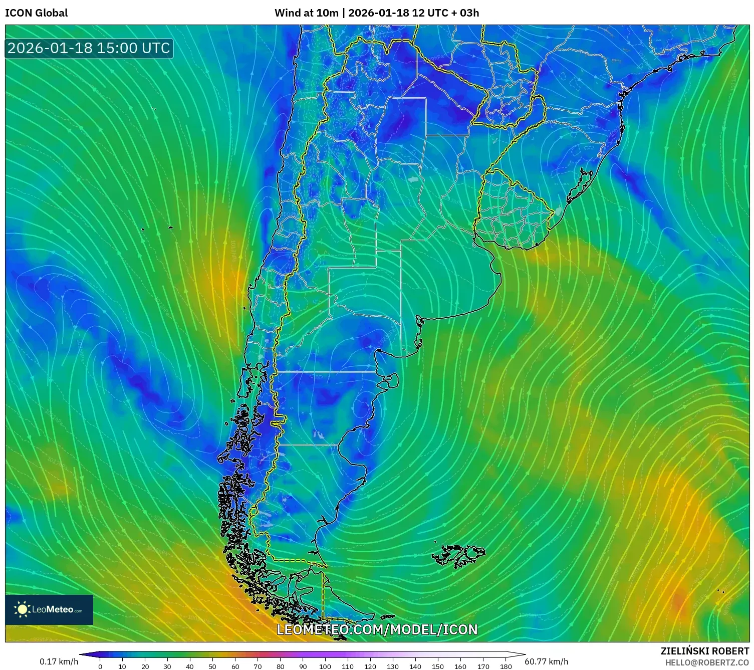 ICON model - Argentina, Wind at 10m