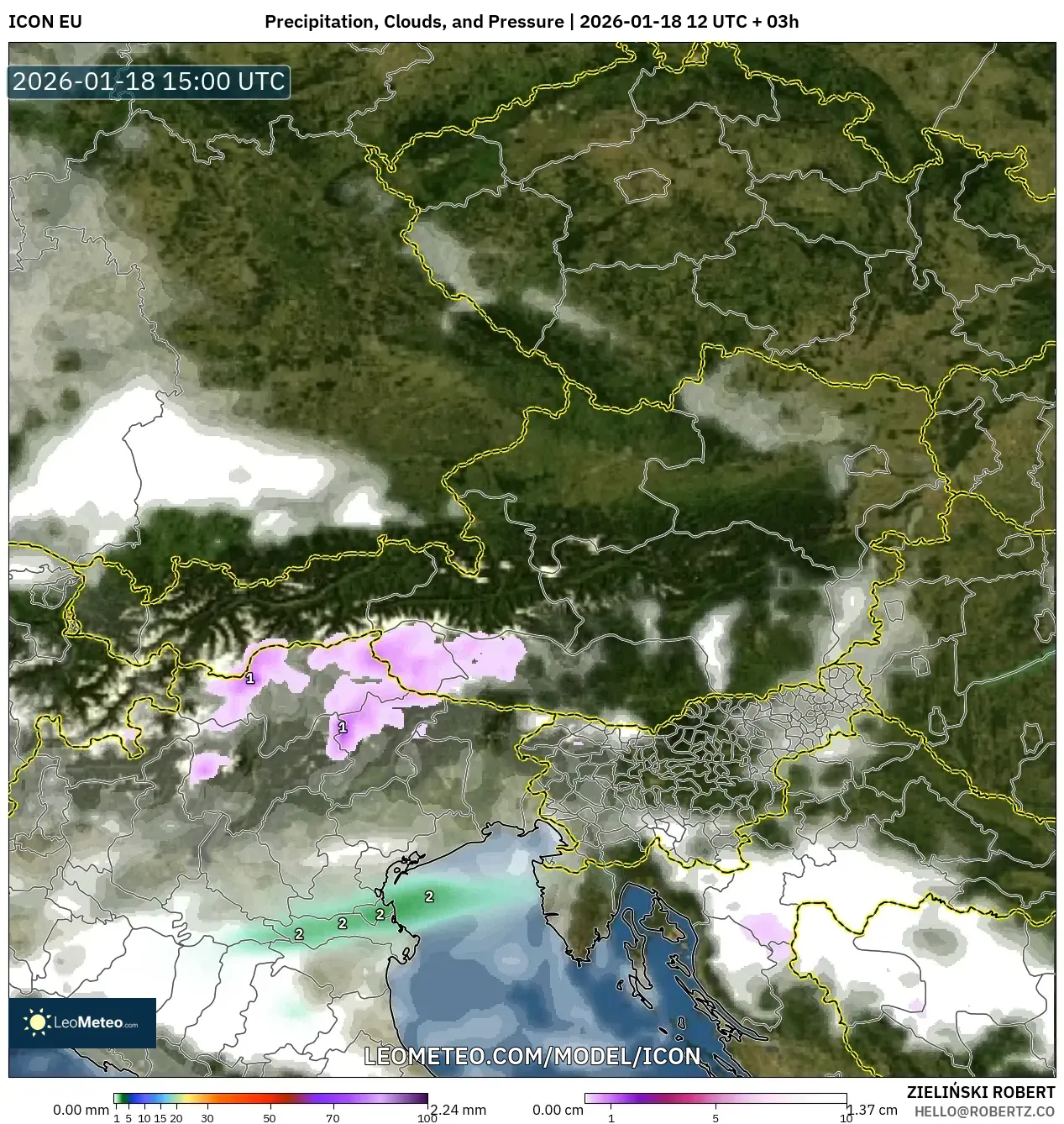 ICON model - Austria, Precipitation, Clouds, and Pressure