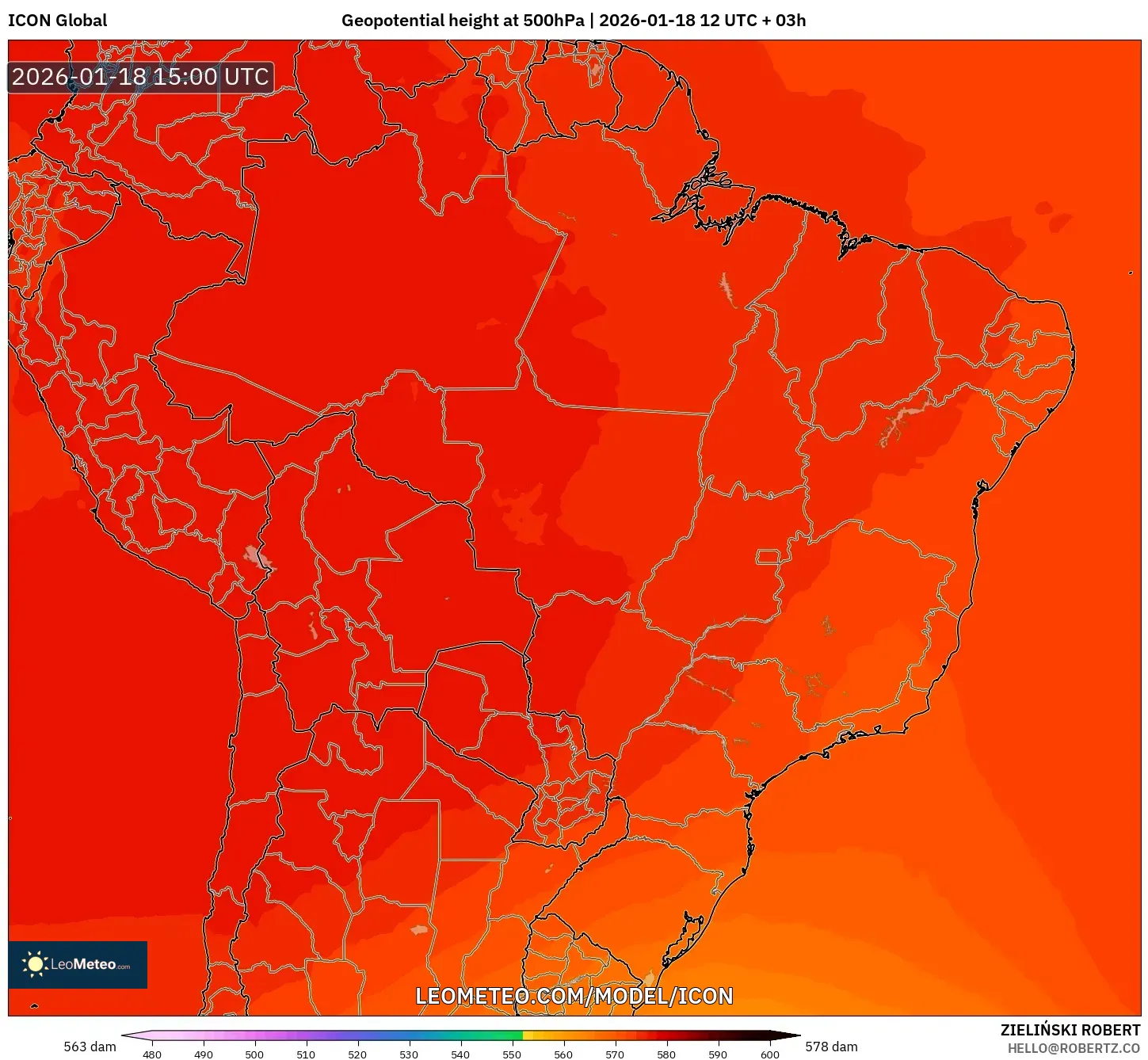 ICON model - Brazil, Geopotential height at 500hPa