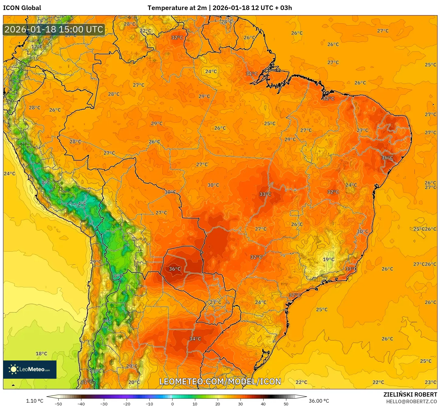 ICON model - Brazil, Temperature at 2m
