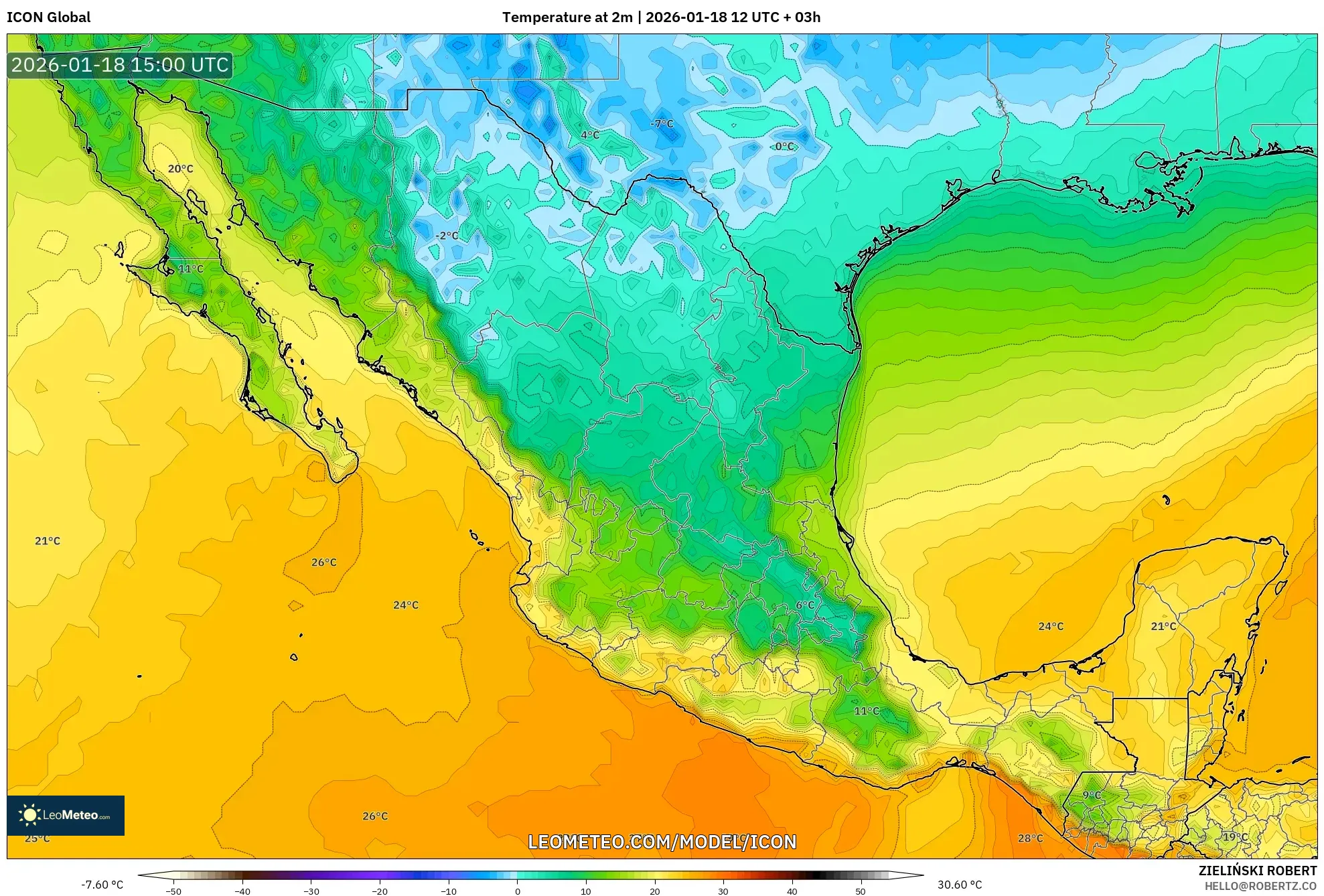 ICON model - Mexico, Temperature at 2m