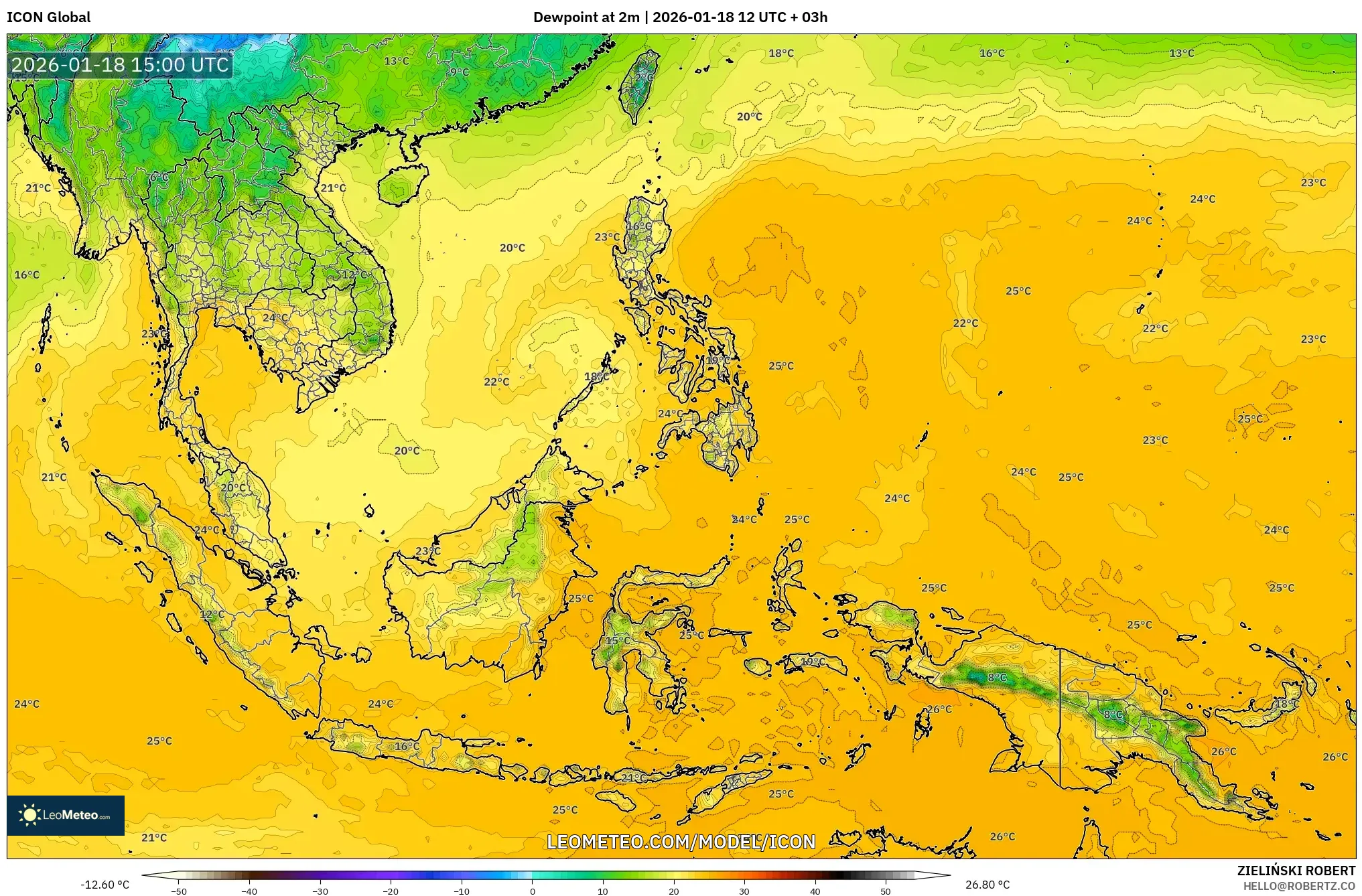 ICON model - South East Asia, Dewpoint at 2m