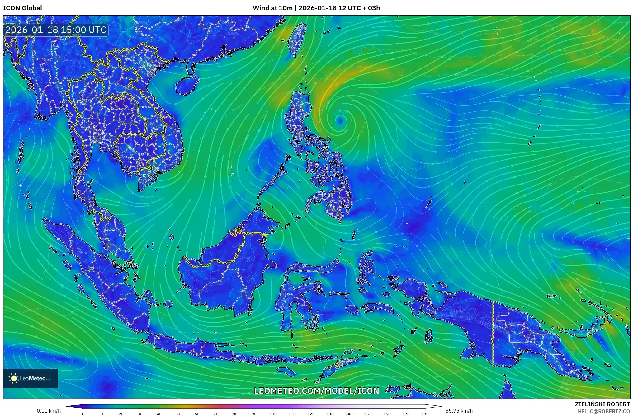 ICON model - South East Asia, Wind at 10m