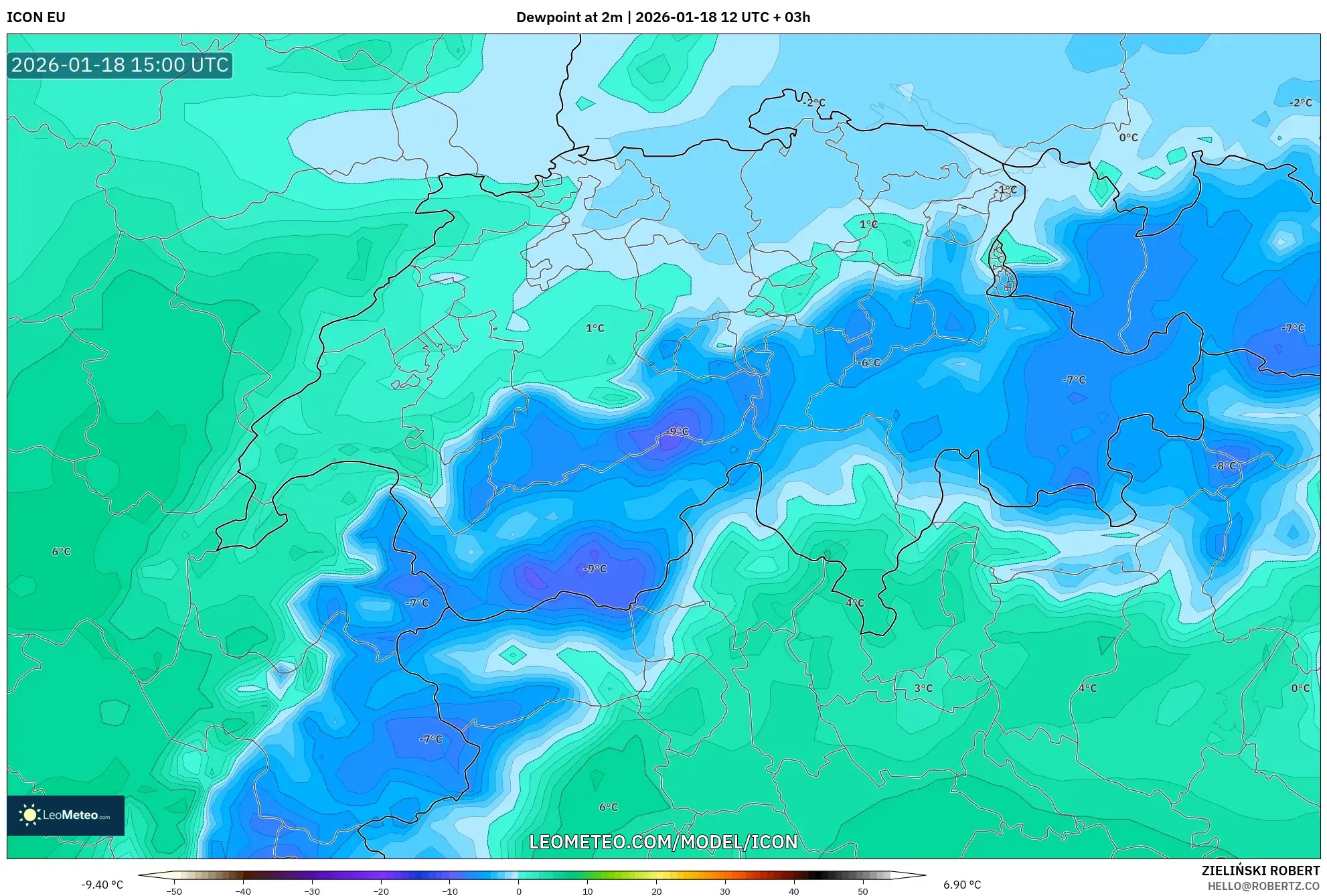 ICON model - Switzerland, Dewpoint at 2m
