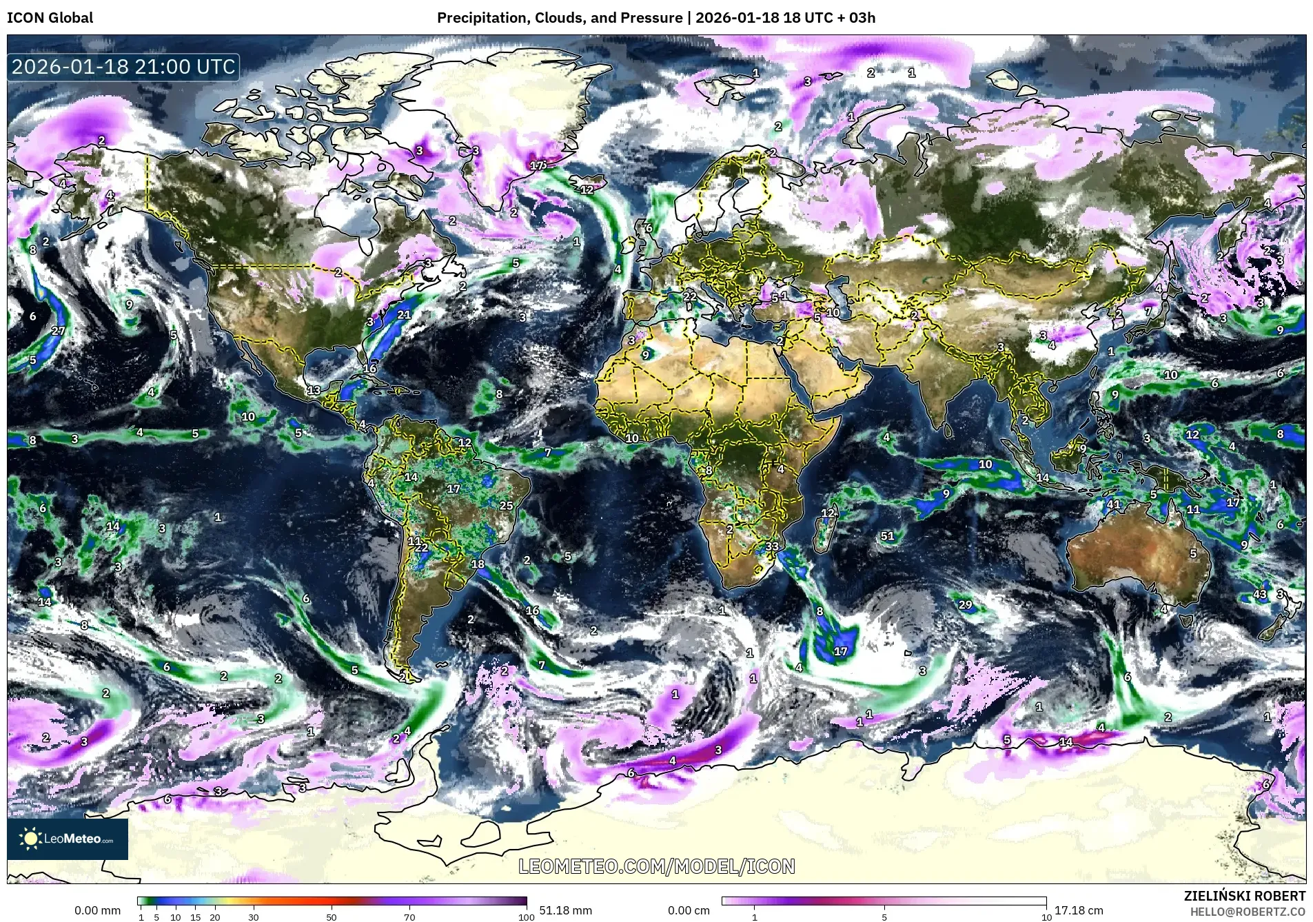 ICON model - World, Precipitation, Clouds, and Pressure