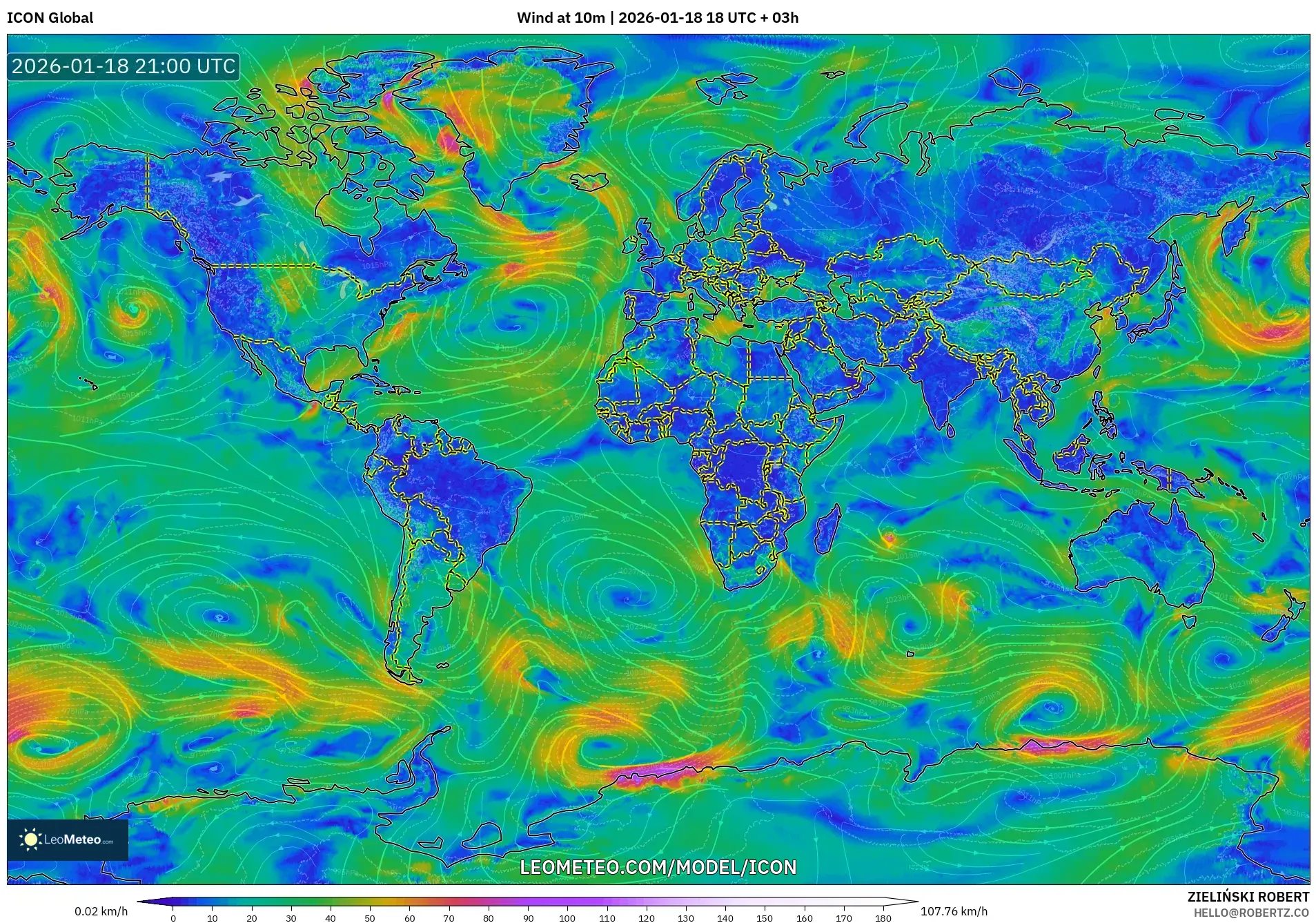ICON model - World, Wind at 10m