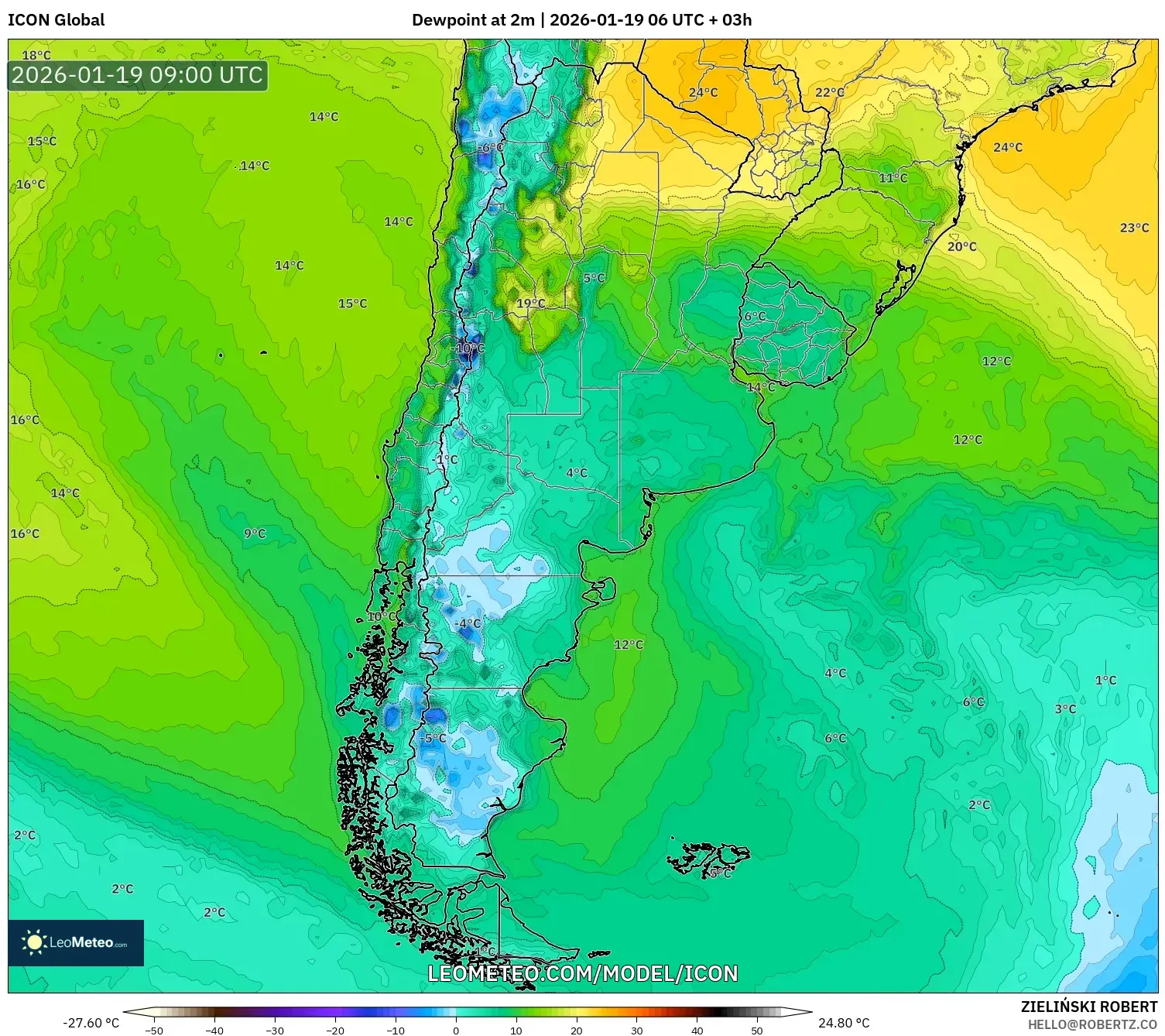 ICON model - Argentina, Dewpoint at 2m