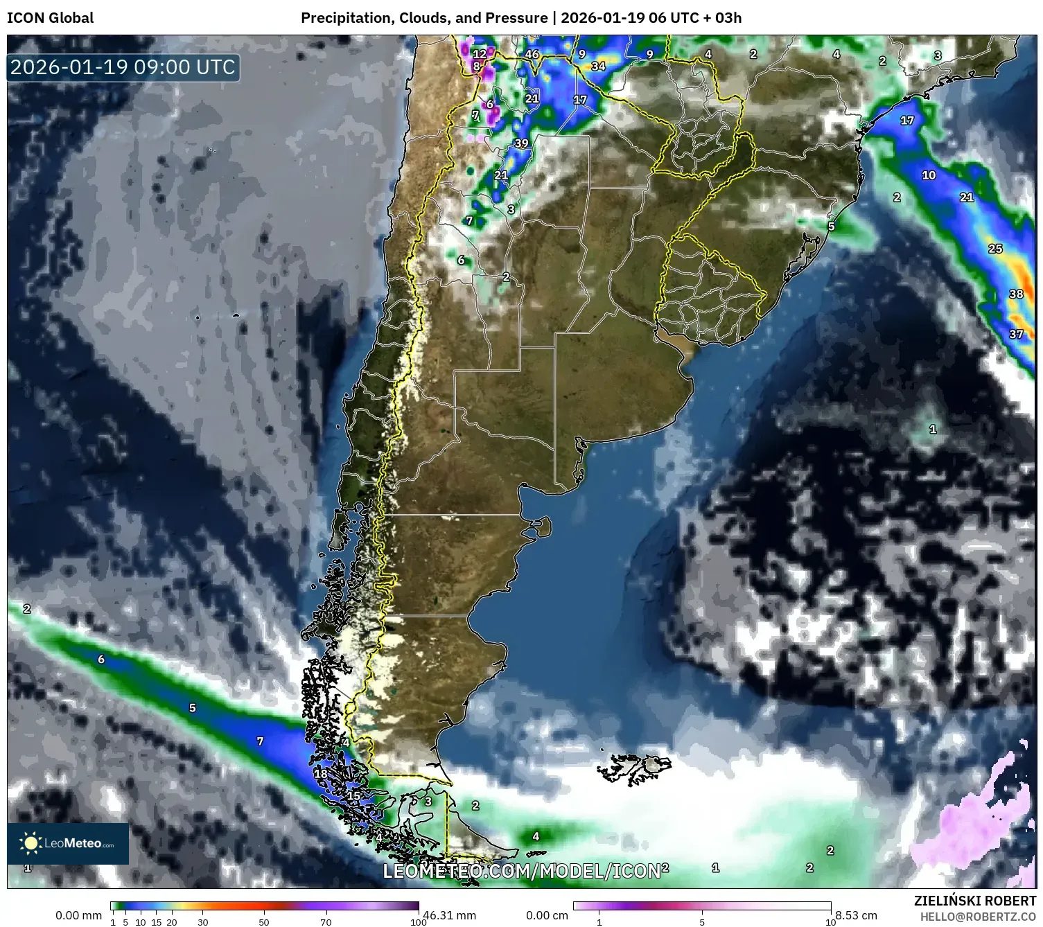 ICON model - Argentina, Precipitation, Clouds, and Pressure
