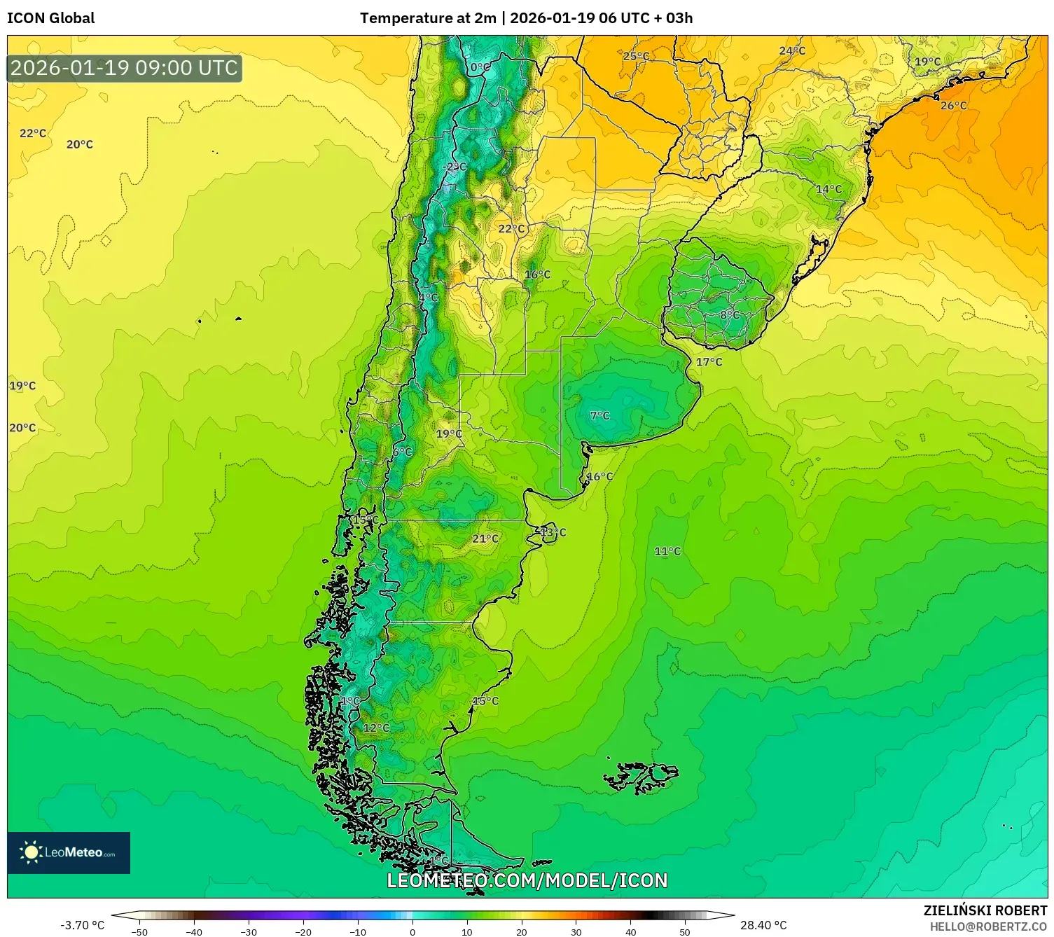ICON model - Argentina, Temperature at 2m