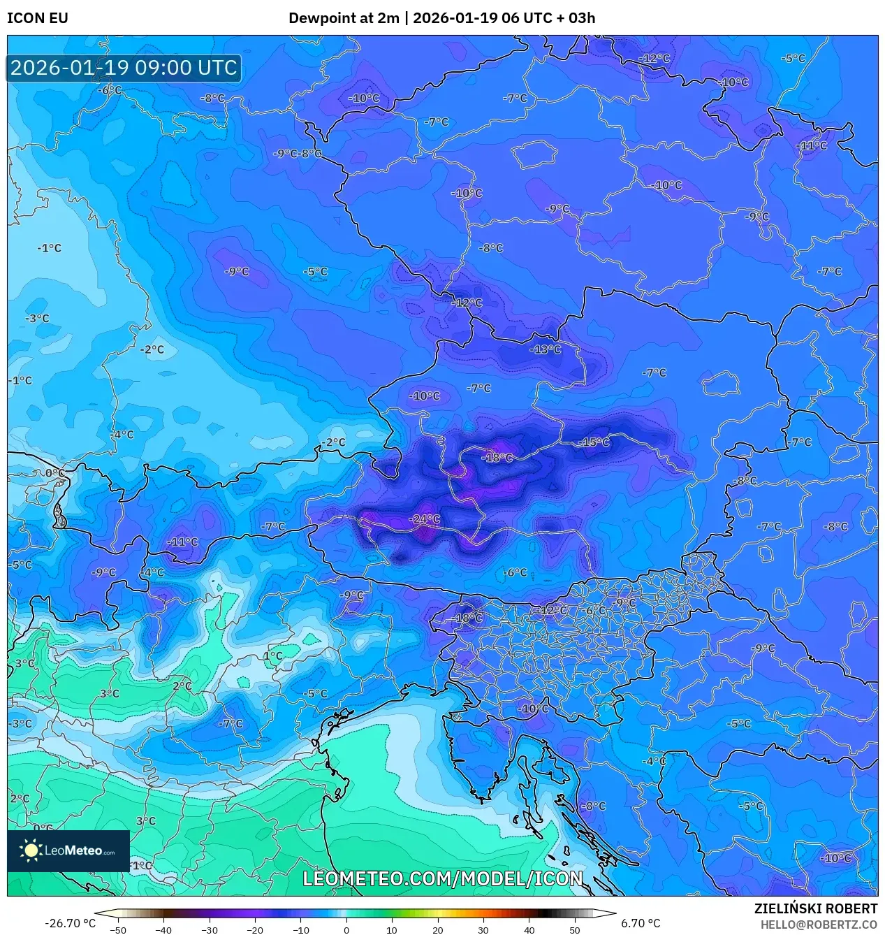 ICON model - Austria, Dewpoint at 2m