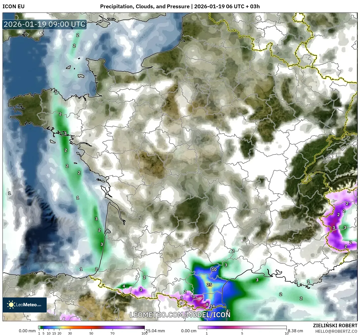 ICON model - France, Precipitation, Clouds, and Pressure