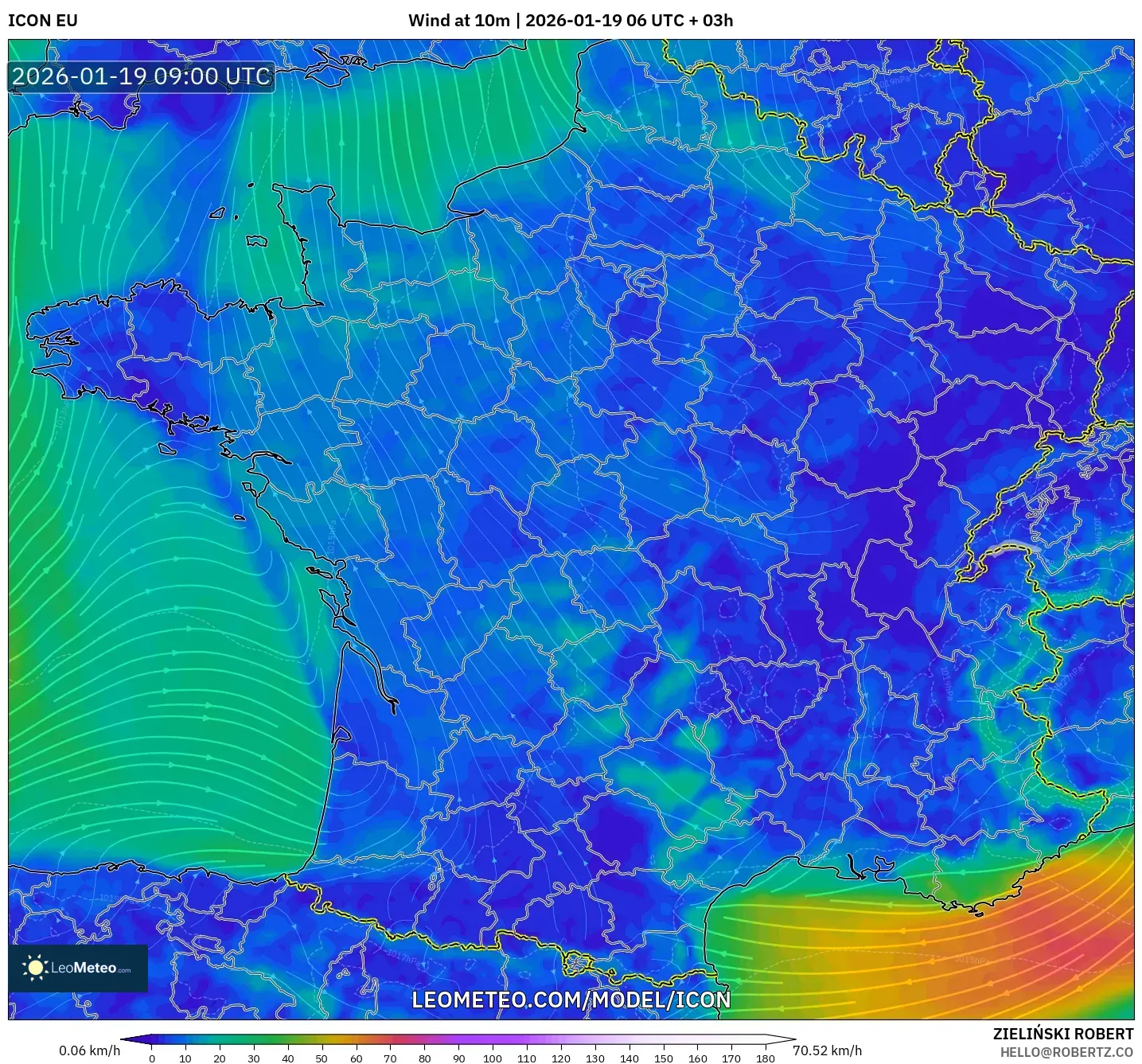 ICON model - France, Wind at 10m