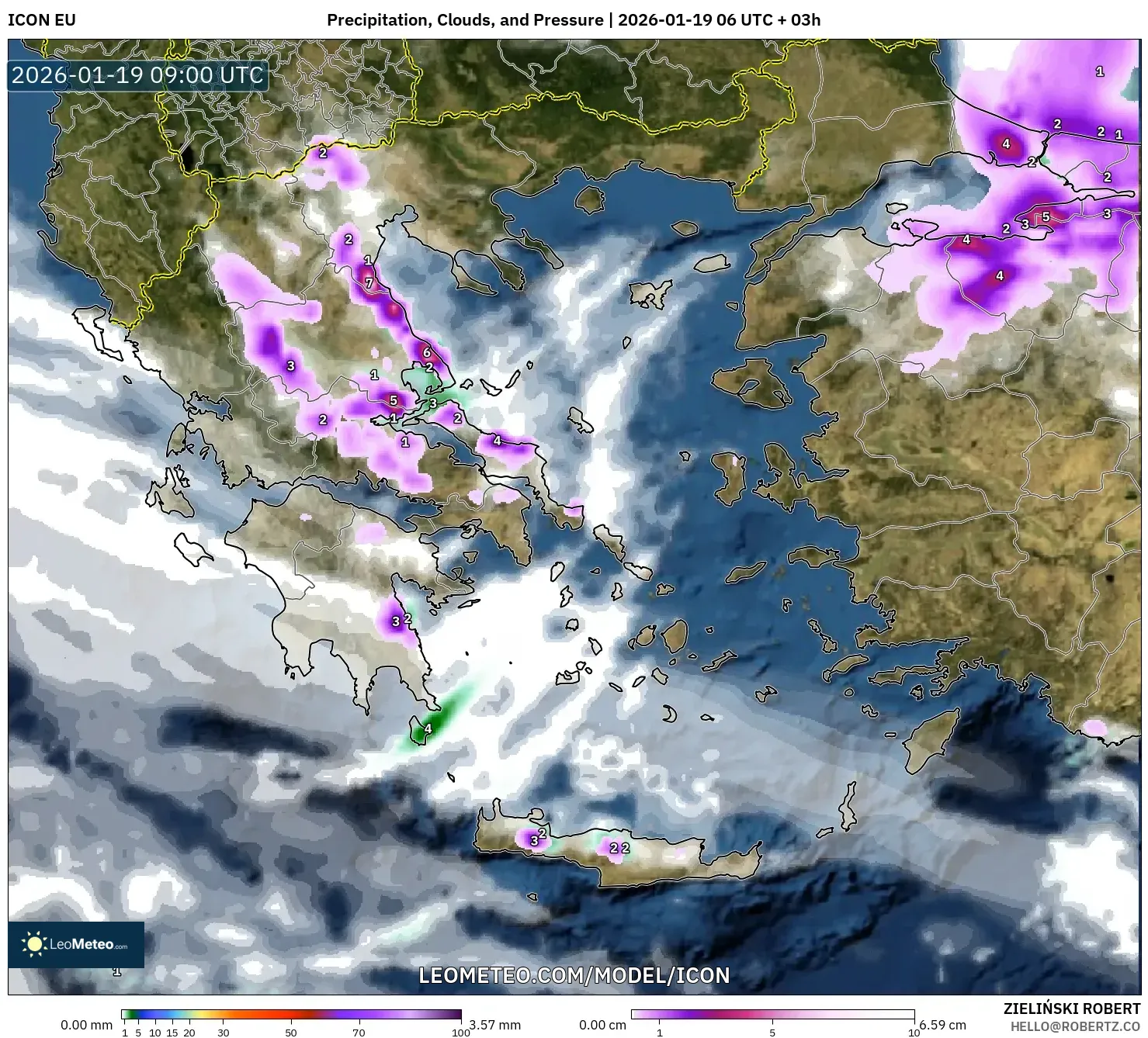 ICON model - Greece, Precipitation, Clouds, and Pressure