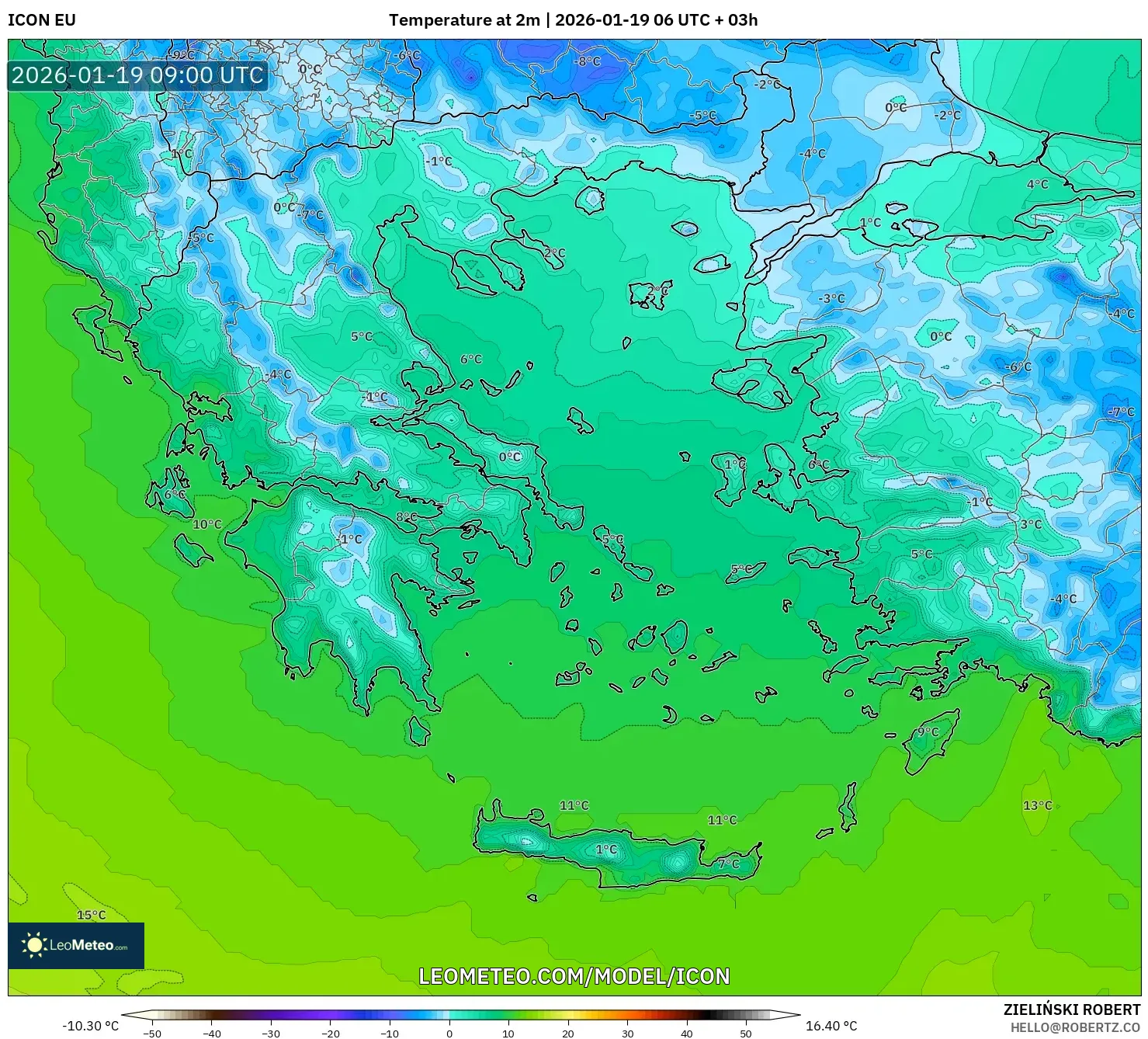 ICON model - Greece, Temperature at 2m