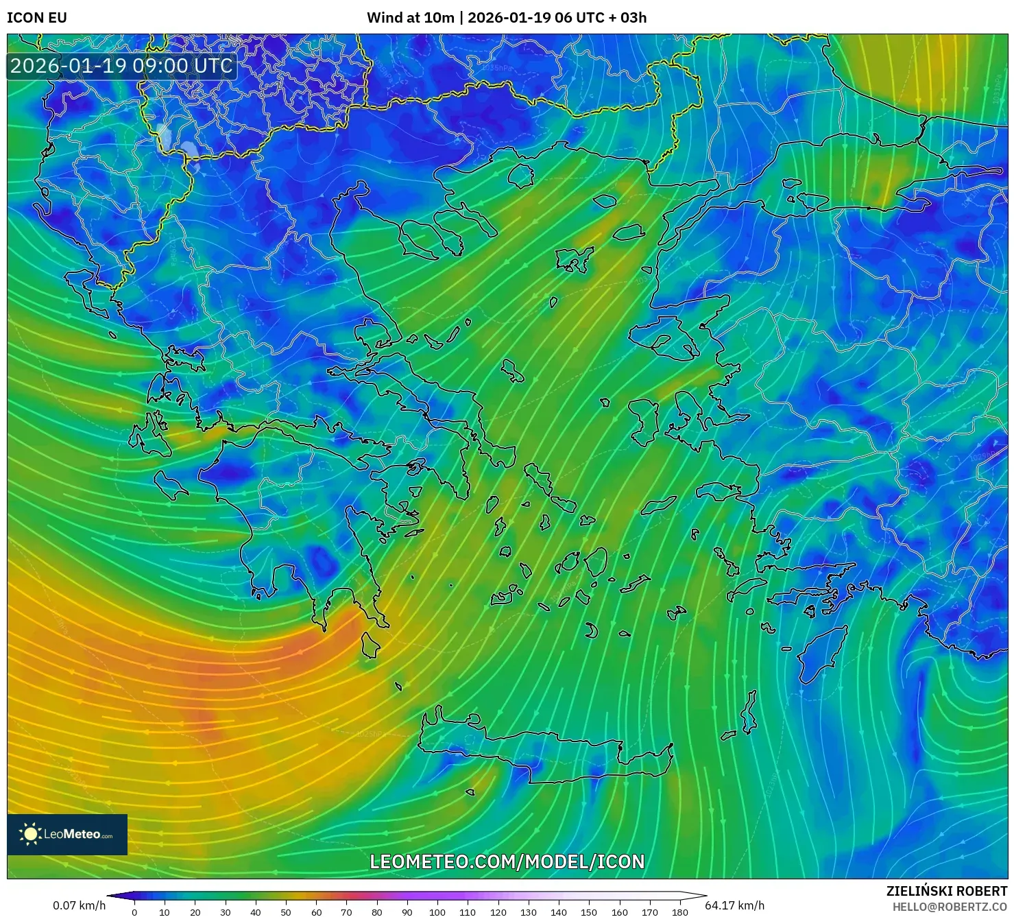 ICON model - Greece, Wind at 10m