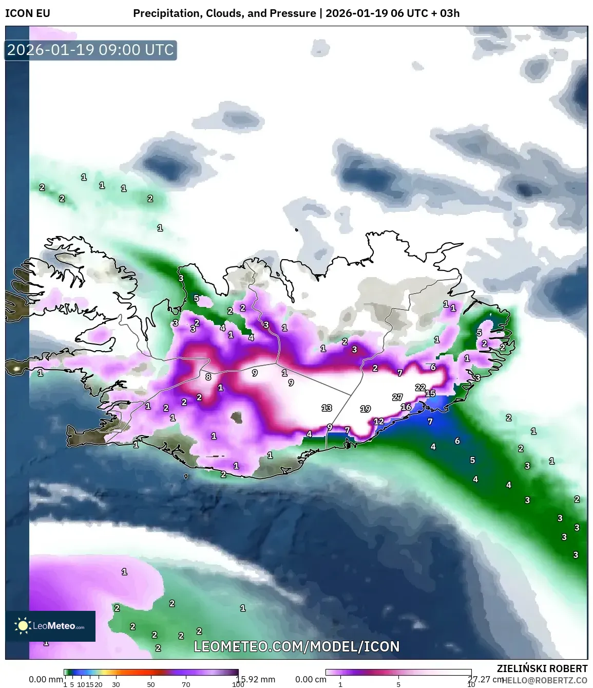 ICON model - Iceland, Precipitation, Clouds, and Pressure
