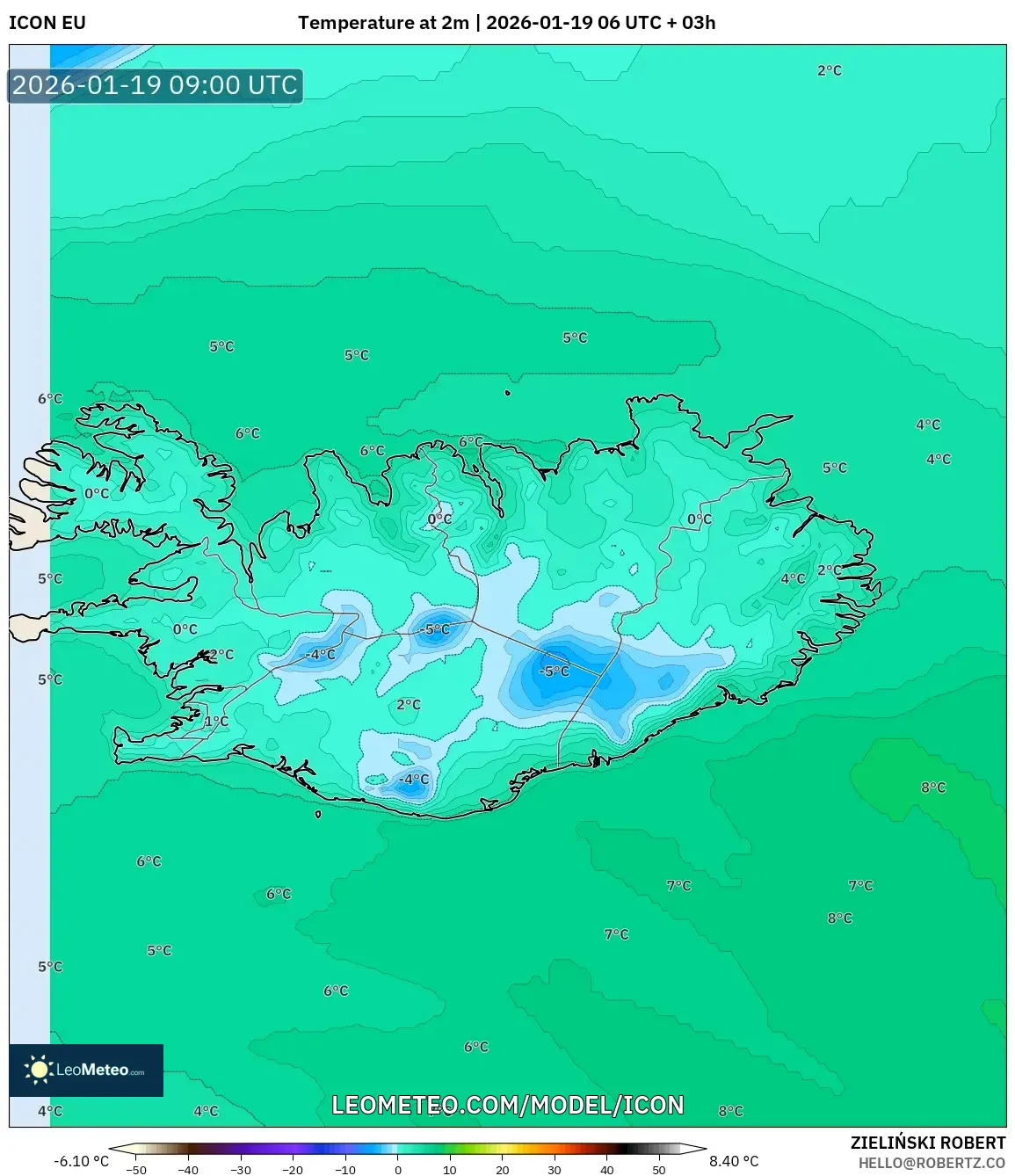 ICON model - Iceland, Temperature at 2m