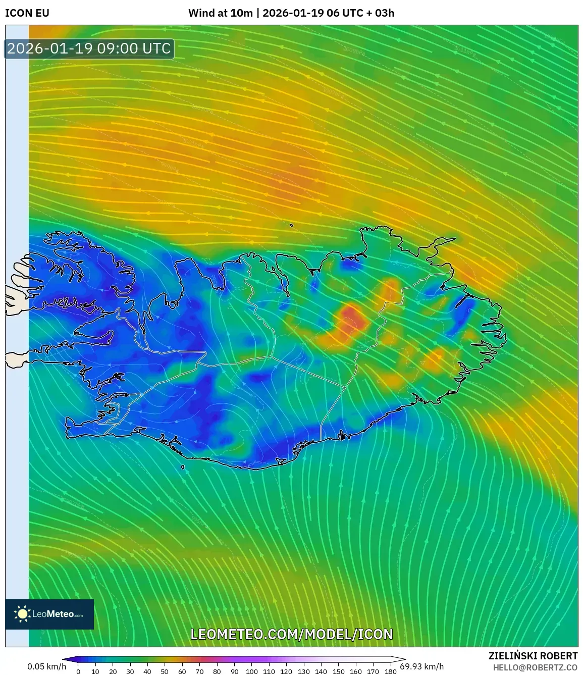 ICON model - Iceland, Wind at 10m