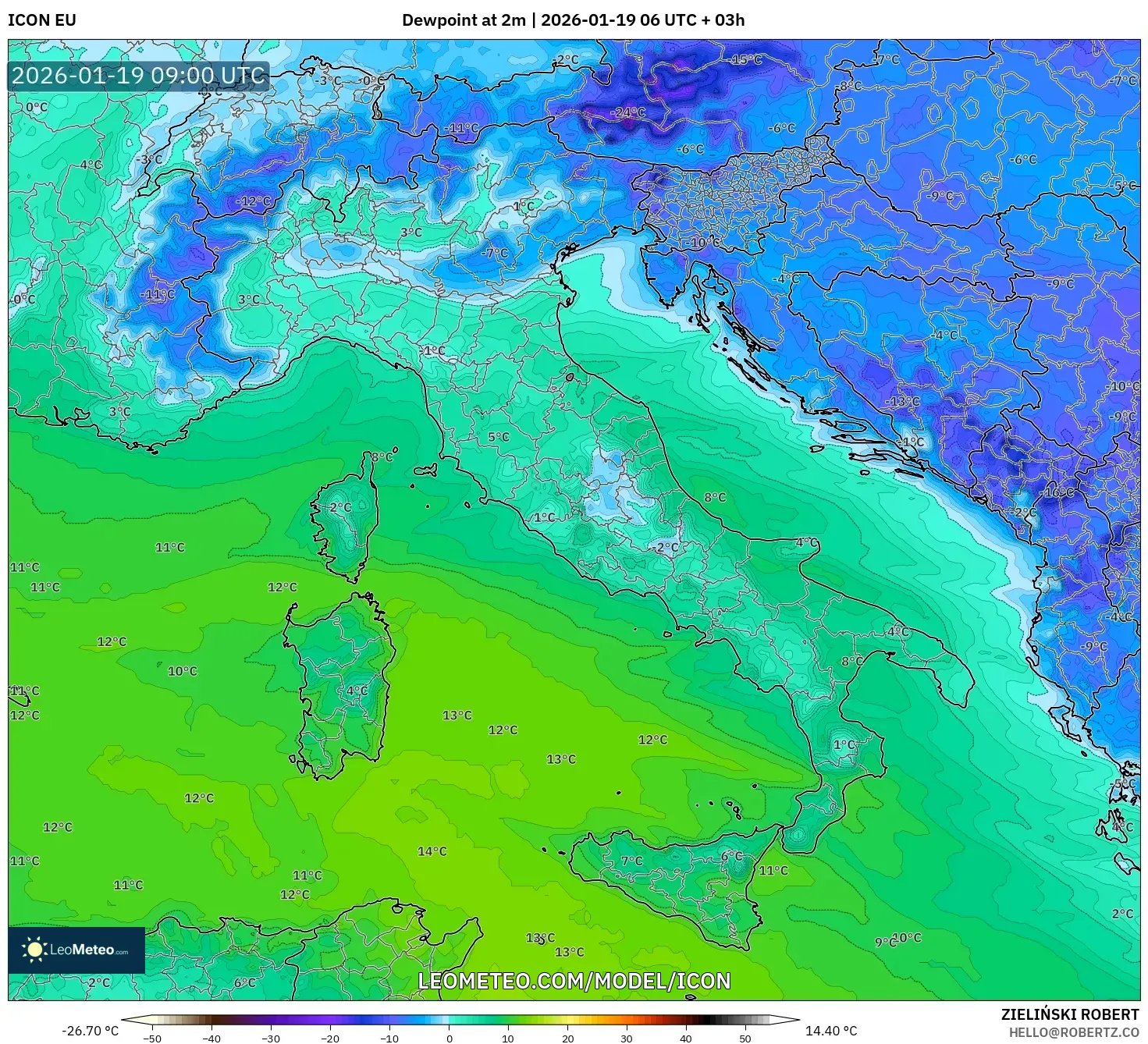 ICON model - Italy, Dewpoint at 2m