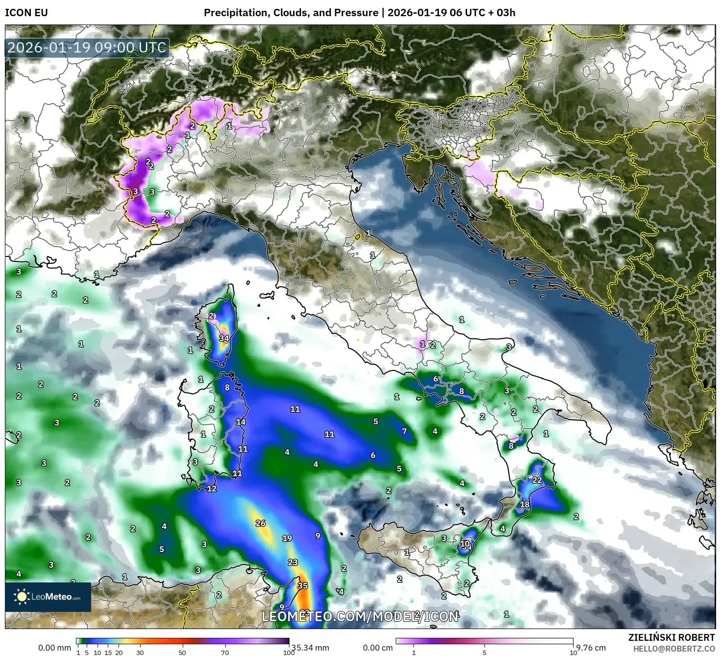 ICON model - Italy, Precipitation, Clouds, and Pressure