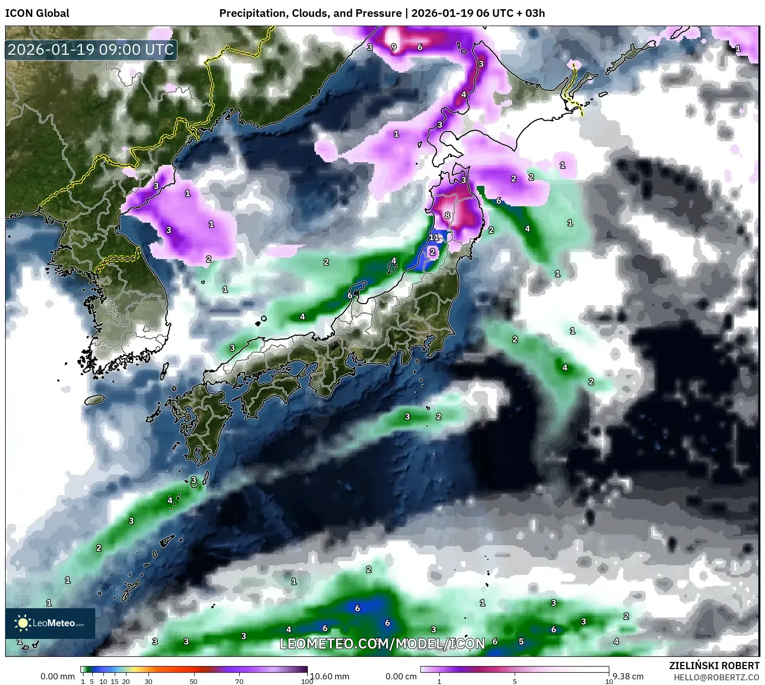 ICON model - Japan, Precipitation, Clouds, and Pressure