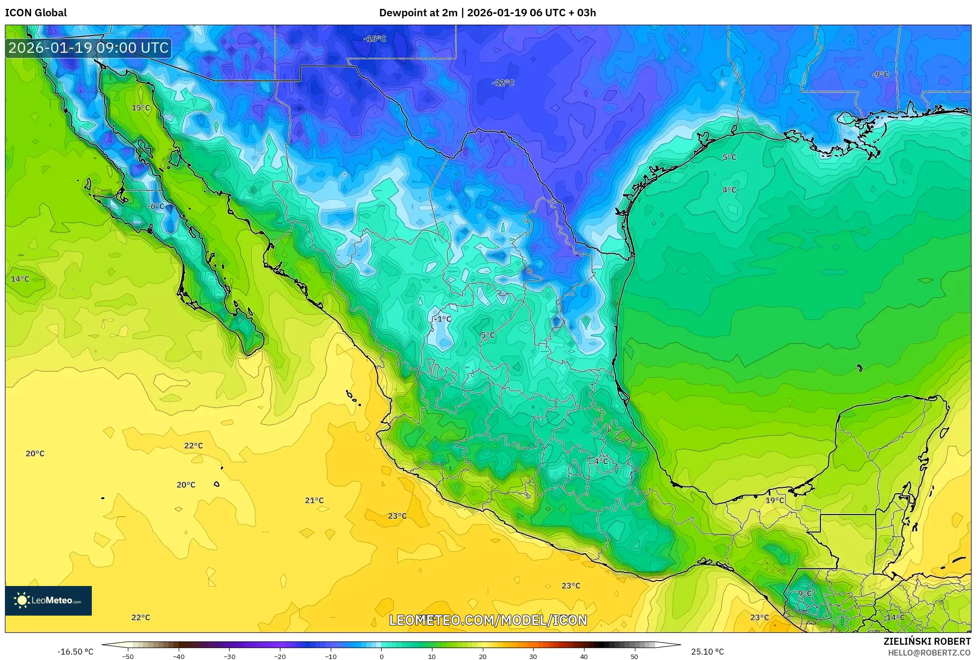 ICON model - Mexico, Dewpoint at 2m