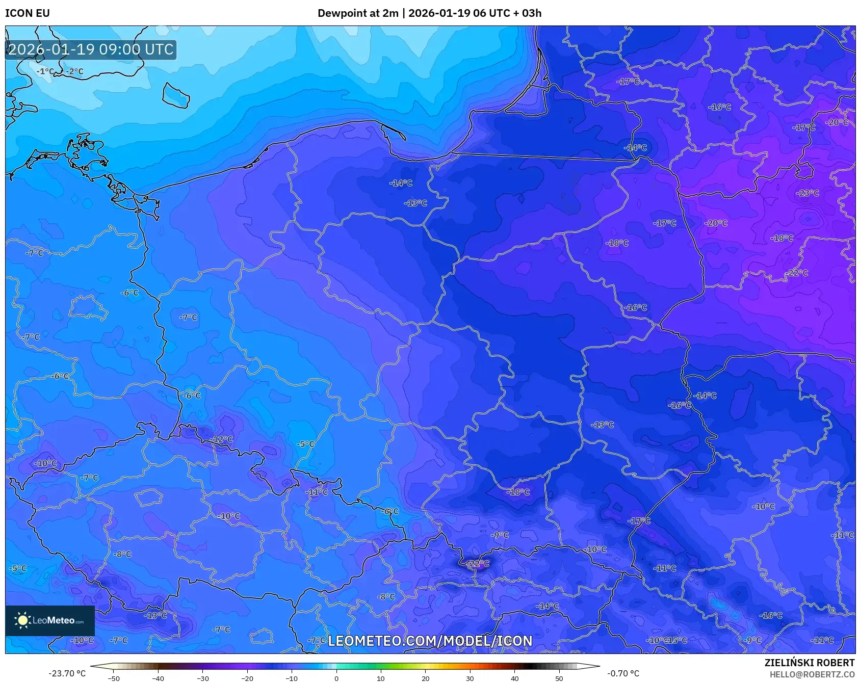 ICON model - Poland, Dewpoint at 2m
