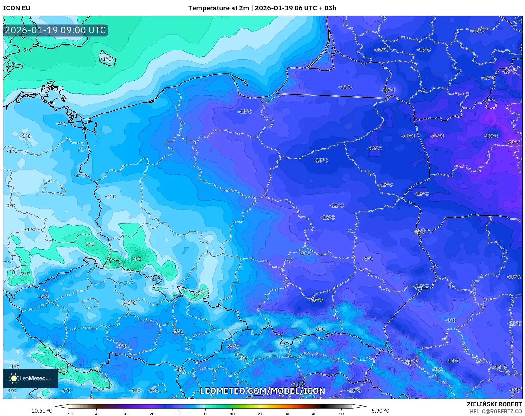 ICON model - Poland, Temperature at 2m