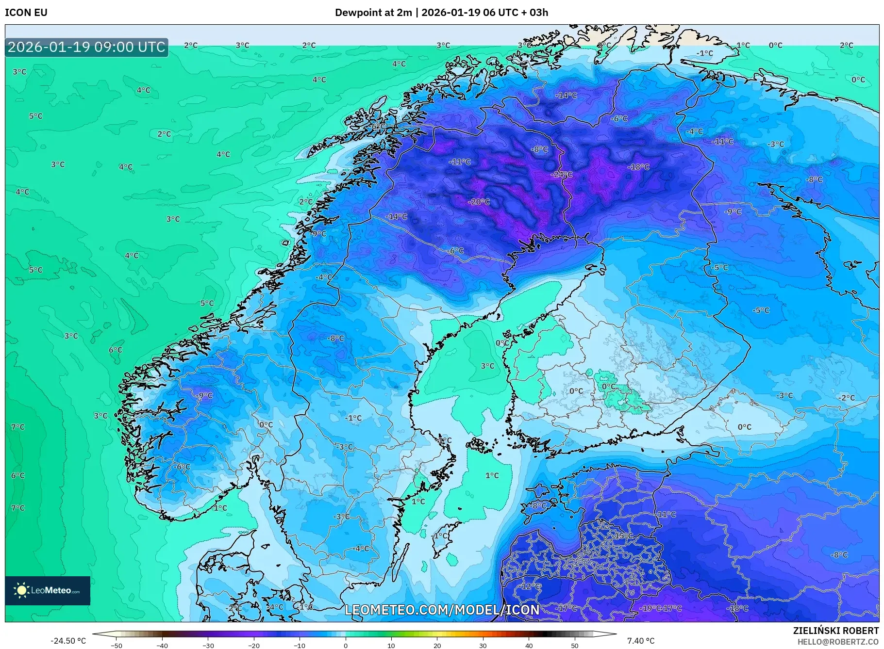 ICON model - Scandinavia, Dewpoint at 2m