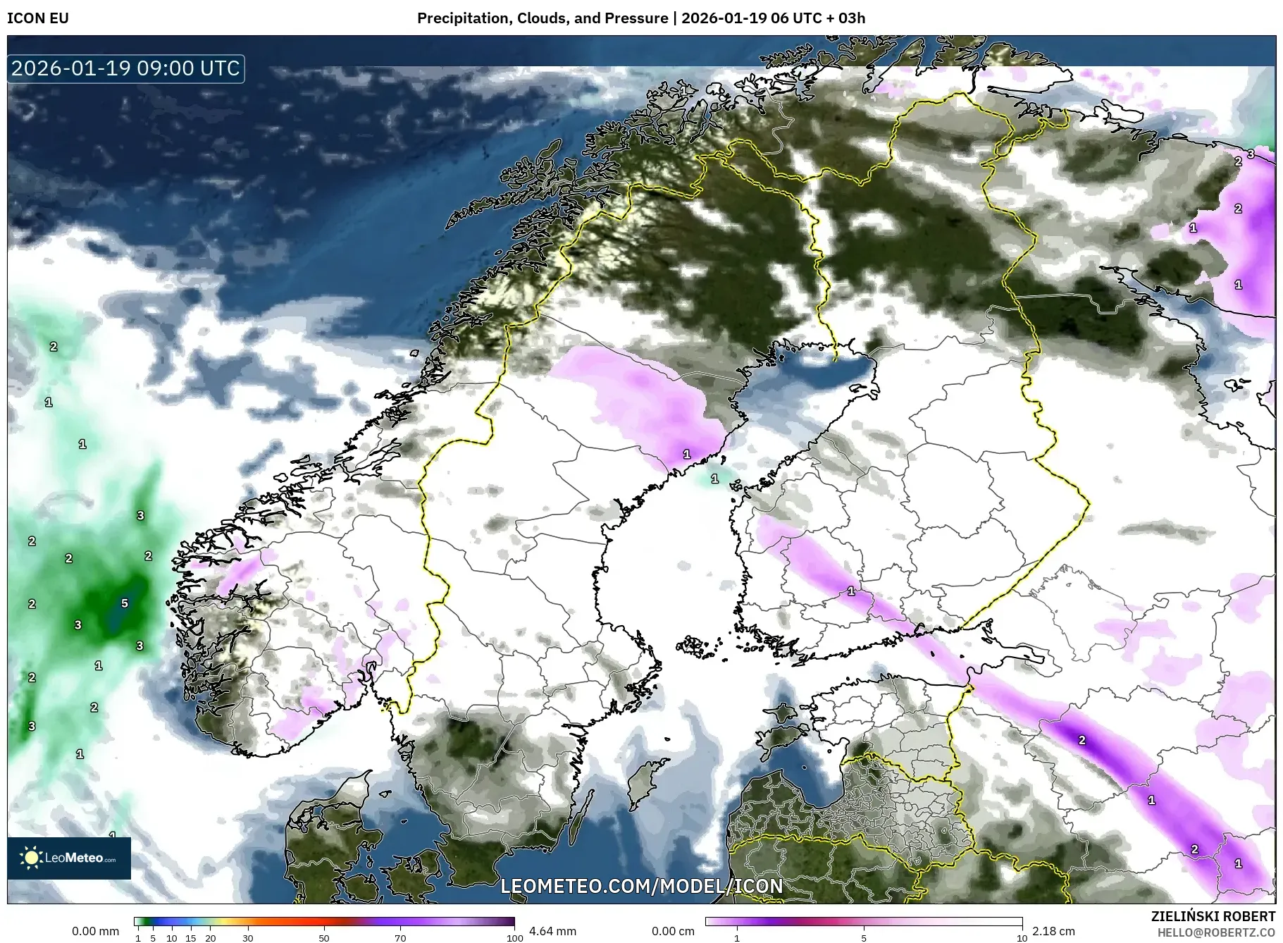 ICON model - Scandinavia, Precipitation, Clouds, and Pressure
